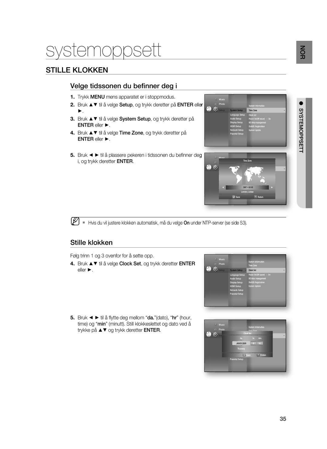 Samsung HT-BD6200R/XEE manual Systemoppsett, Stille Klokken, Velge tidssonen du beﬁnner deg, Stille klokken 