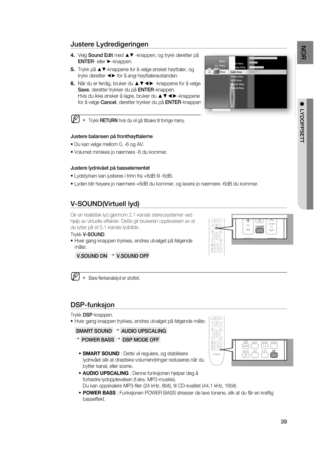 Samsung HT-BD6200R/XEE manual SOUNDVirtuell lyd, DSP-funksjon, Sound on V.SOUND OFF 