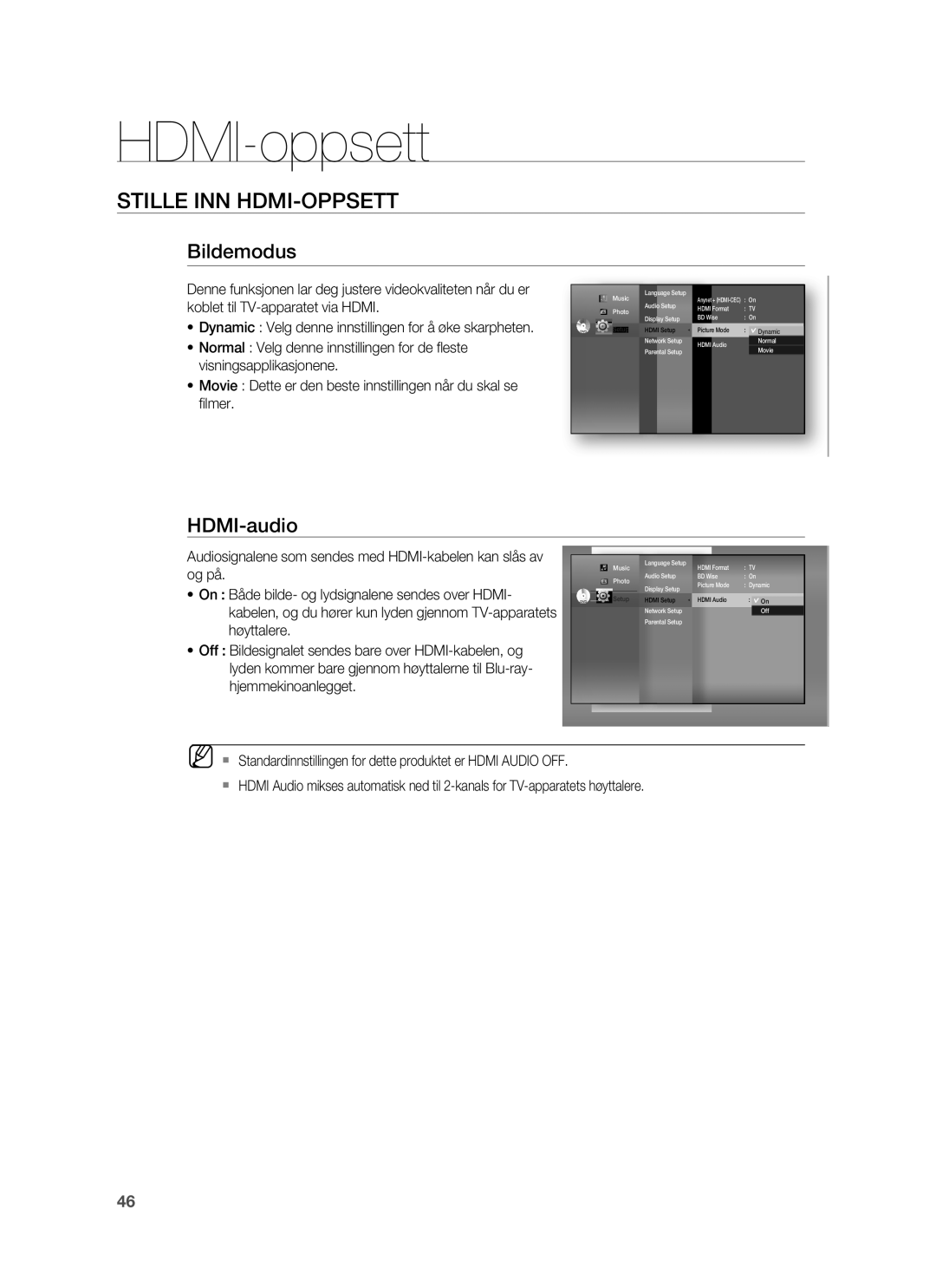 Samsung HT-BD6200R/XEE manual Bildemodus, Og på, On Både bilde- og lydsignalene sendes over Hdmi, Høyttalere 