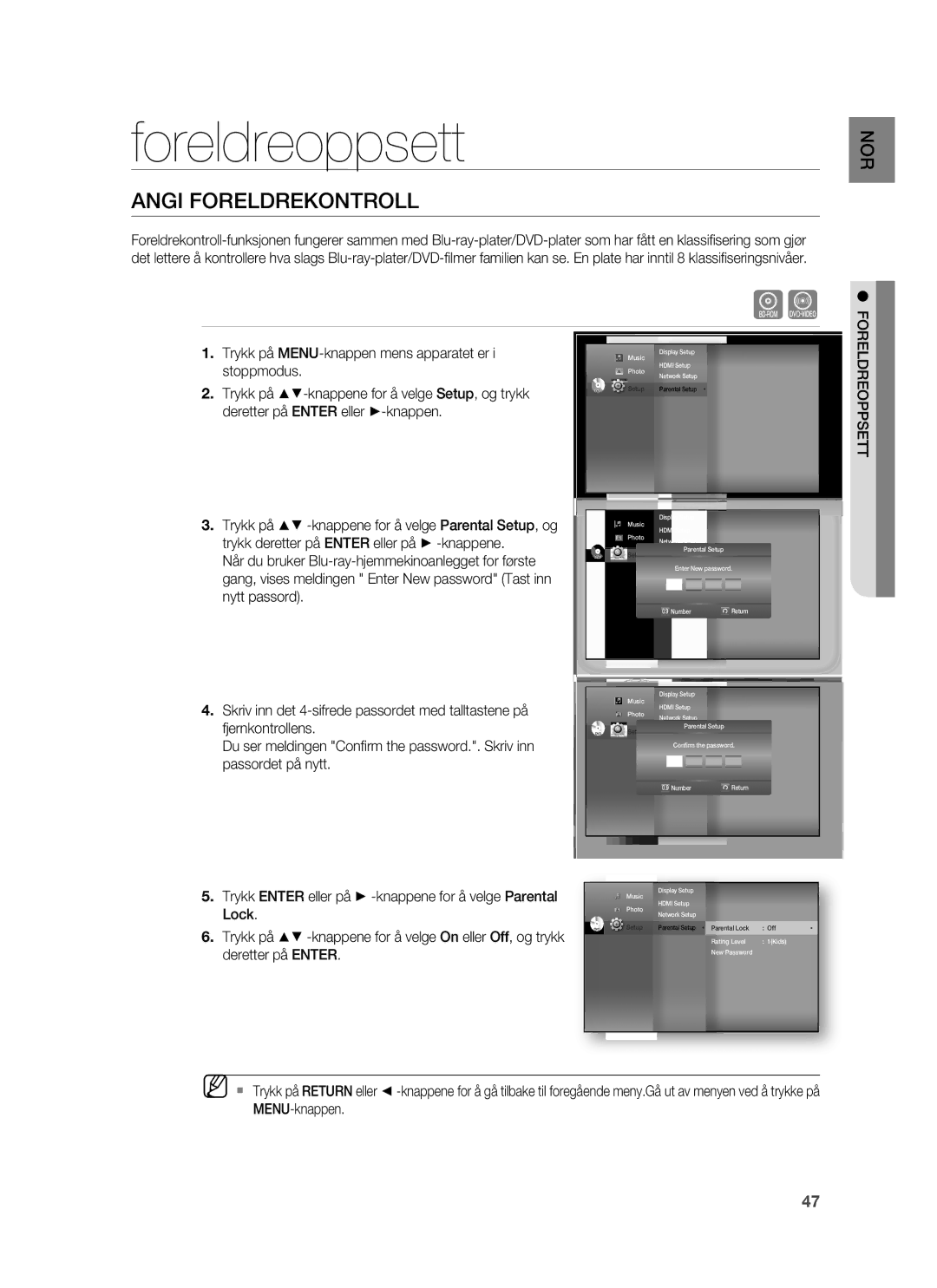 Samsung HT-BD6200R/XEE manual Foreldreoppsett, Angi Foreldrekontroll 