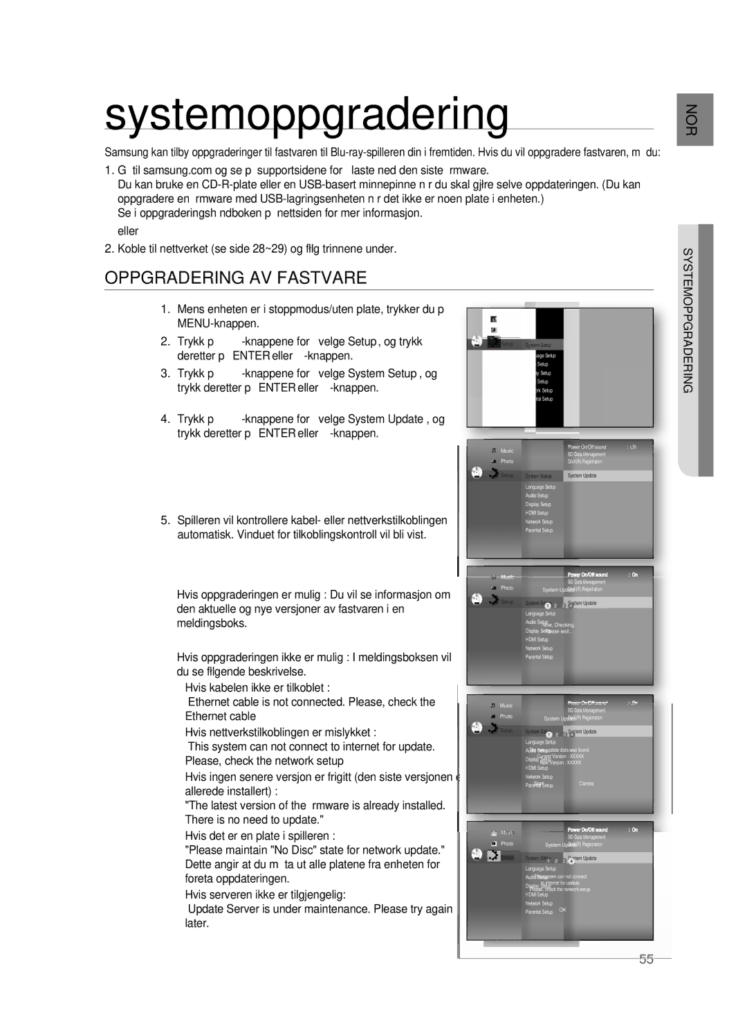 Samsung HT-BD6200R/XEE manual Systemoppgradering, Oppgradering AV Fastvare 