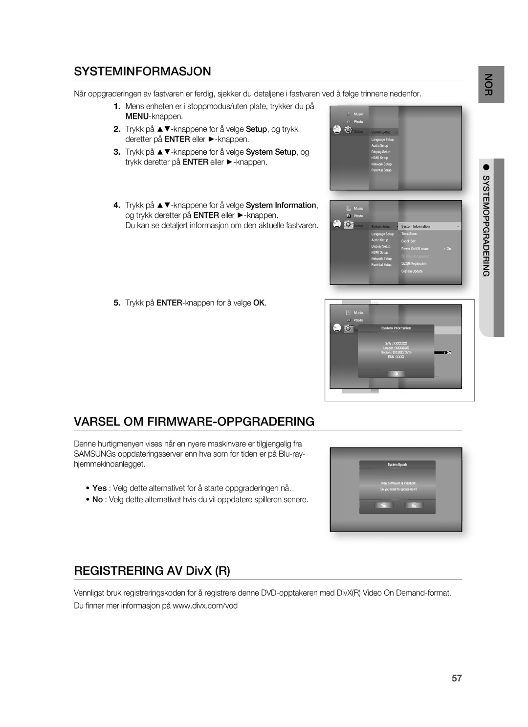 Samsung HT-BD6200R/XEE manual Systeminformasjon, Varsel OM FIRMWARE-OPPGRADERING 