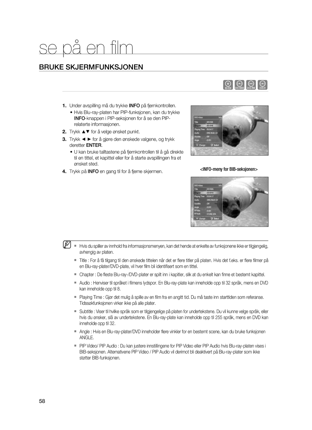 Samsung HT-BD6200R/XEE manual Se på en ﬁ lm, Bruke Skjermfunksjonen, INFO-meny for BIB-seksjonen, Angle 