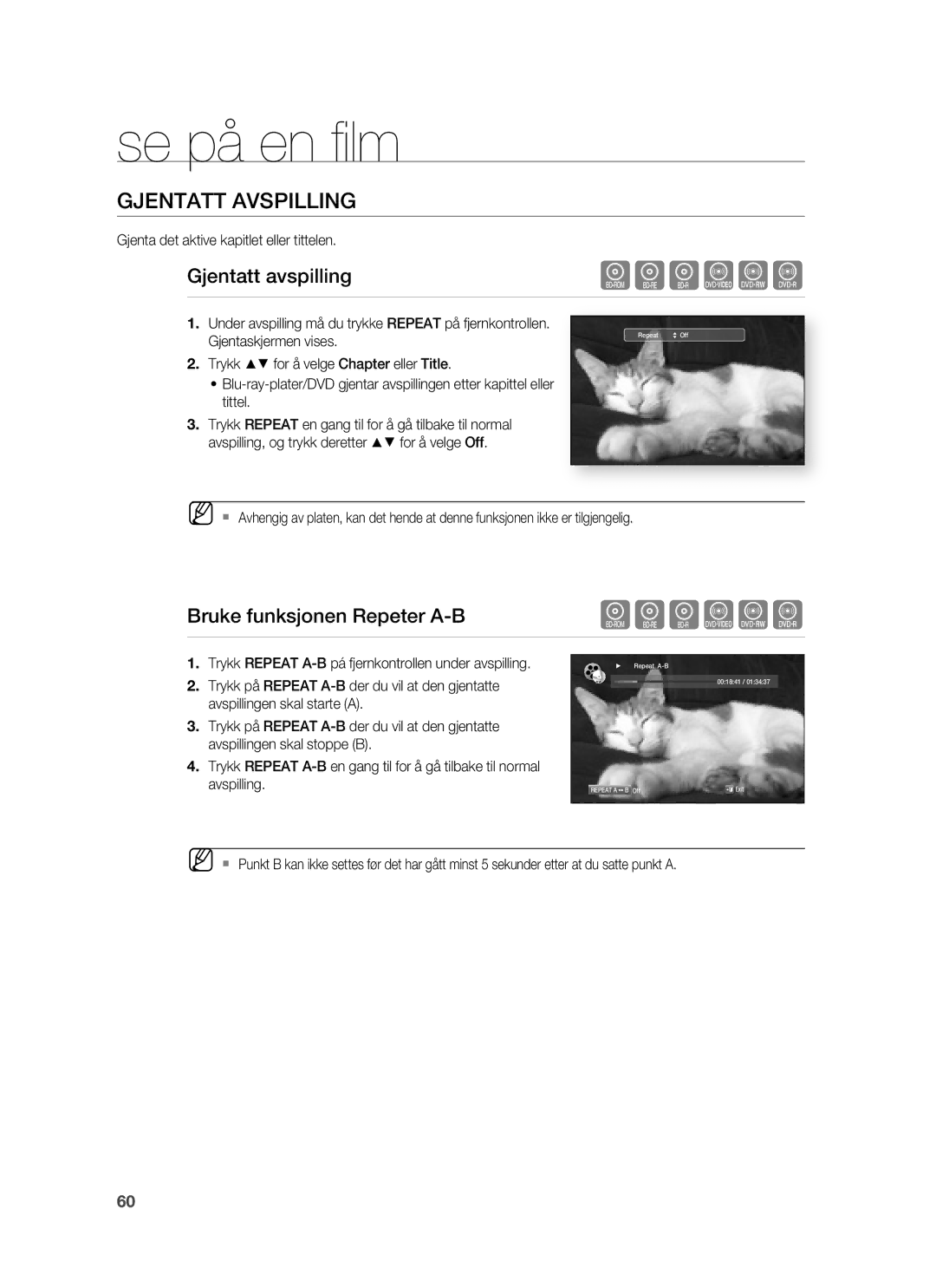 Samsung HT-BD6200R/XEE manual Gjentatt Avspilling, Gjentatt avspilling, Bruke funksjonen Repeter A-B 