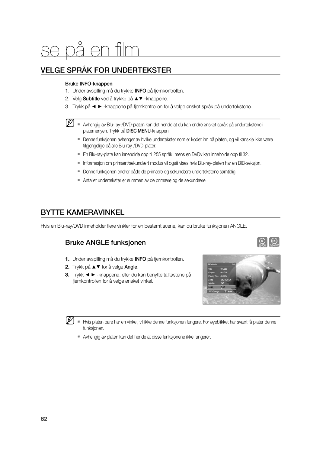 Samsung HT-BD6200R/XEE manual Bytte Kameravinkel, Bruke Angle funksjonen 