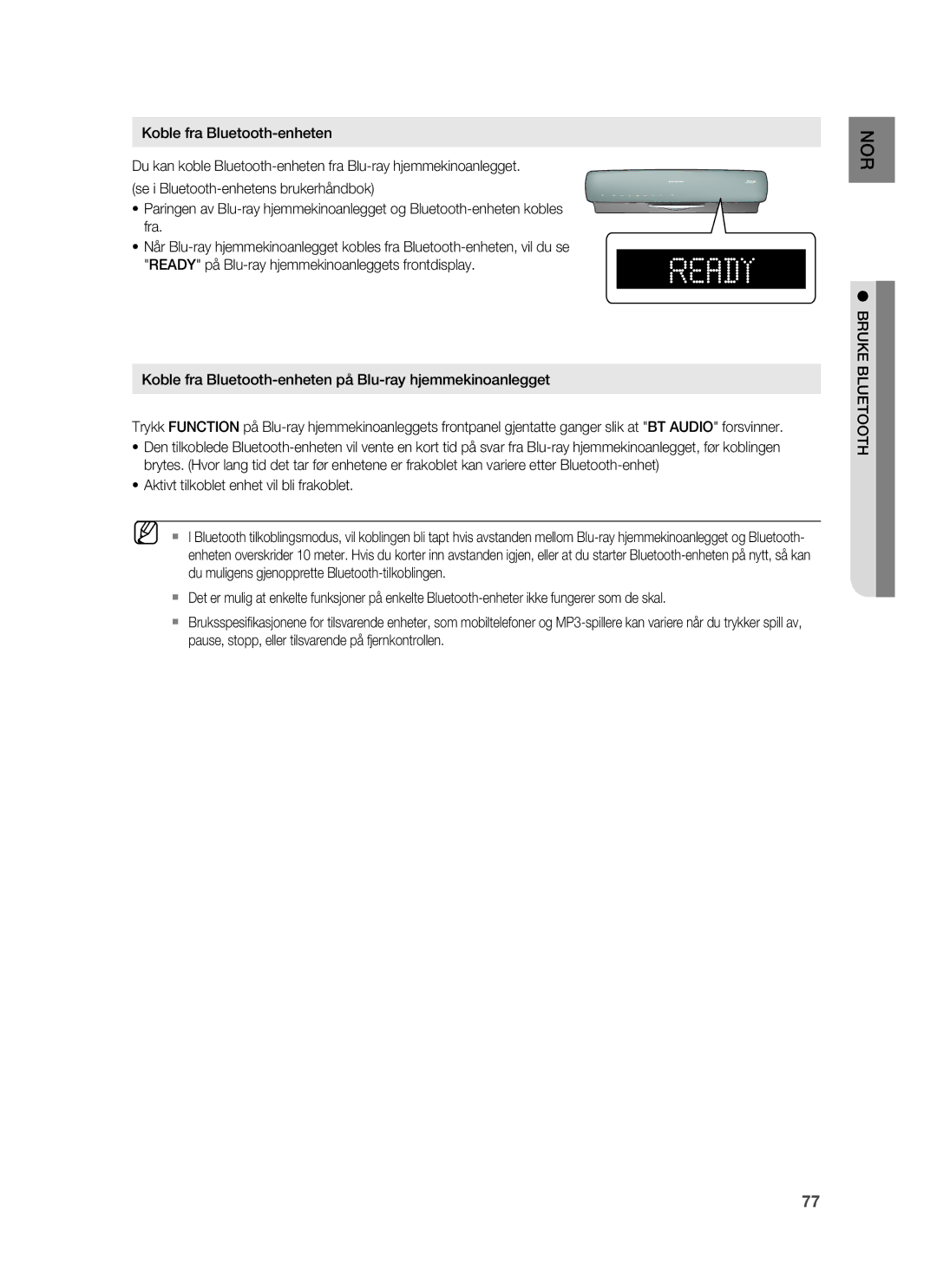 Samsung HT-BD6200R/XEE manual Aktivt tilkoblet enhet vil bli frakoblet, Bruke Bluetooth 