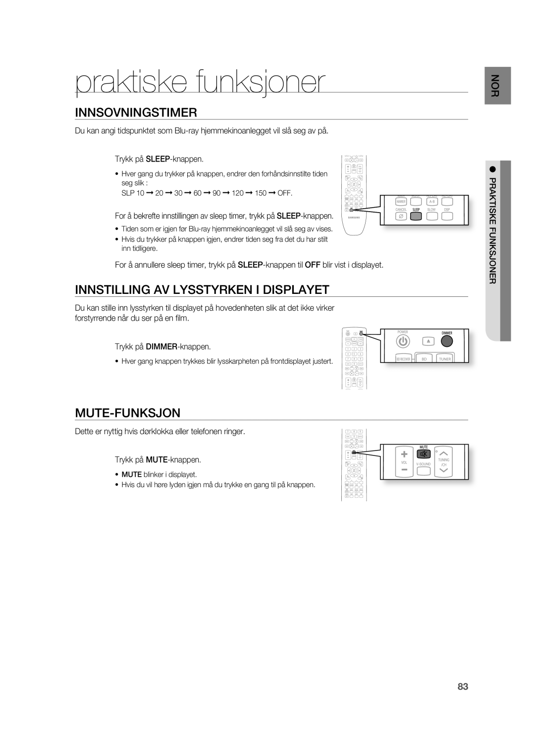 Samsung HT-BD6200R/XEE manual Praktiske funksjoner, Innsovningstimer, Innstilling AV Lysstyrken I Displayet, Mute-Funksjon 