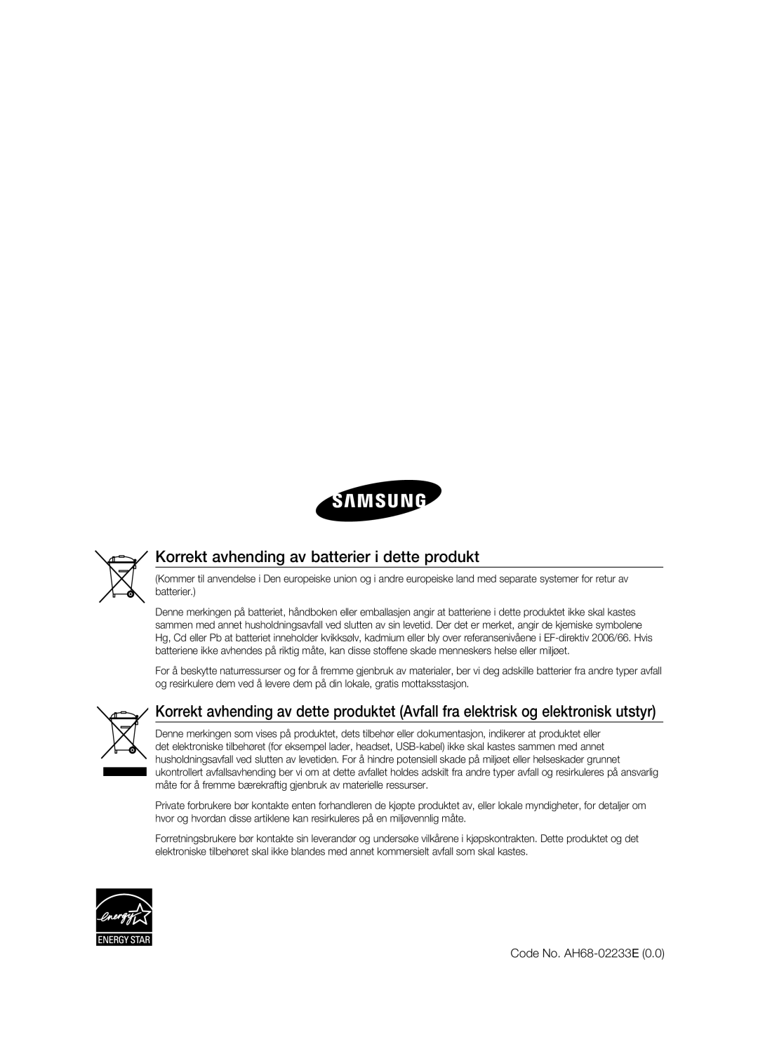 Samsung HT-BD6200R/XEE manual Korrekt avhending av batterier i dette produkt, Code No. AH68-02233E 