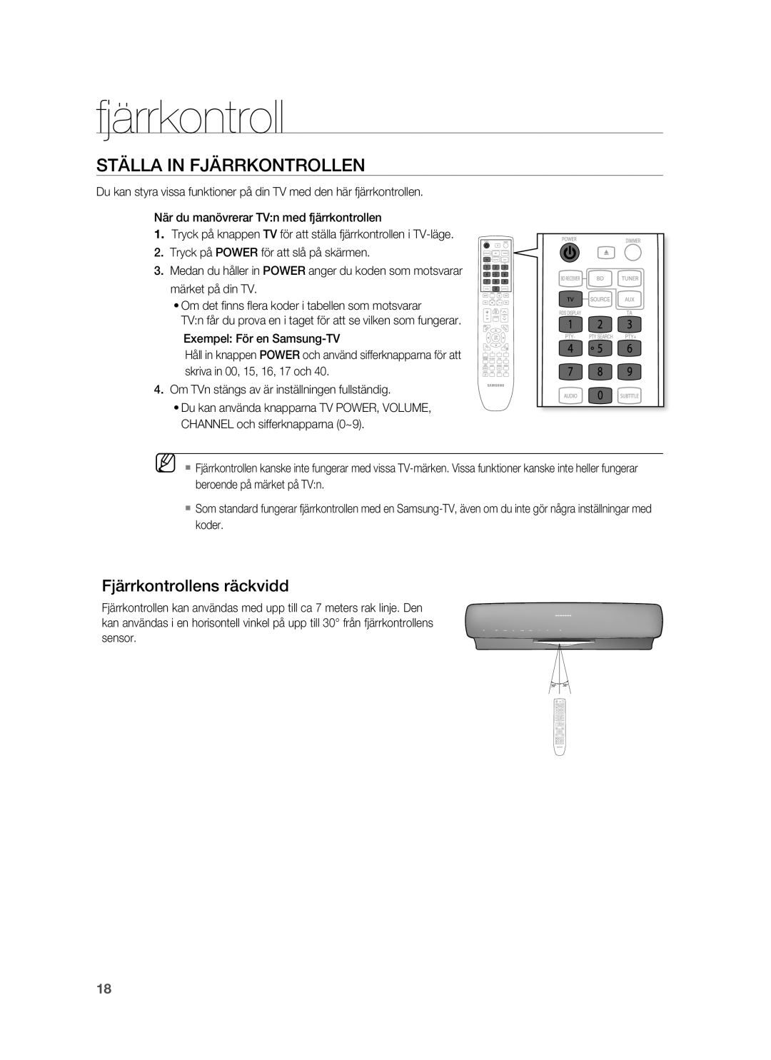 Samsung HT-BD6200R/XEE Ställa in Fjärrkontrollen, Fjärrkontrollens räckvidd, Om TVn stängs av är inställningen fullständig 