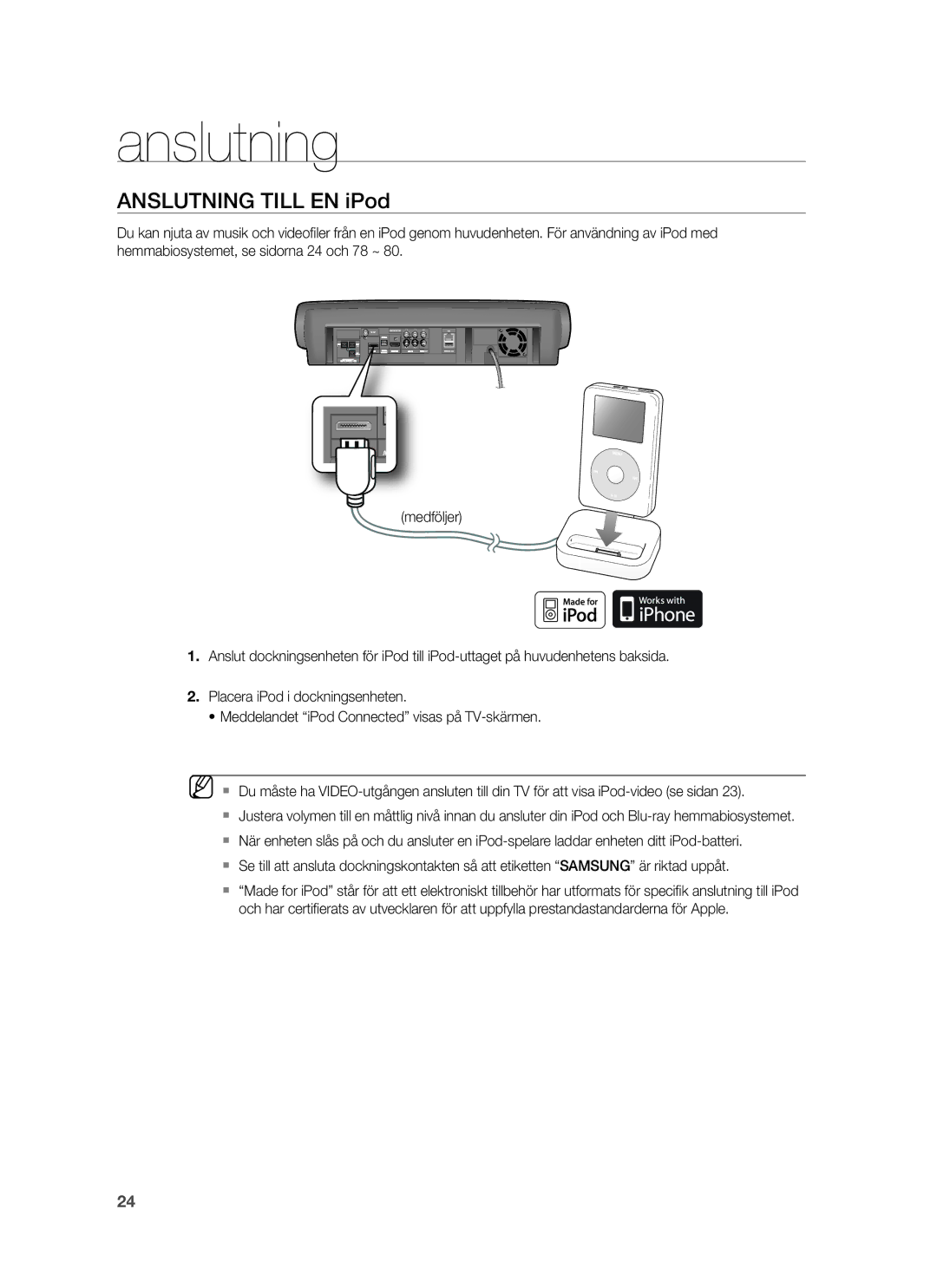 Samsung HT-BD6200R/XEE manual Anslutning Till EN iPod 