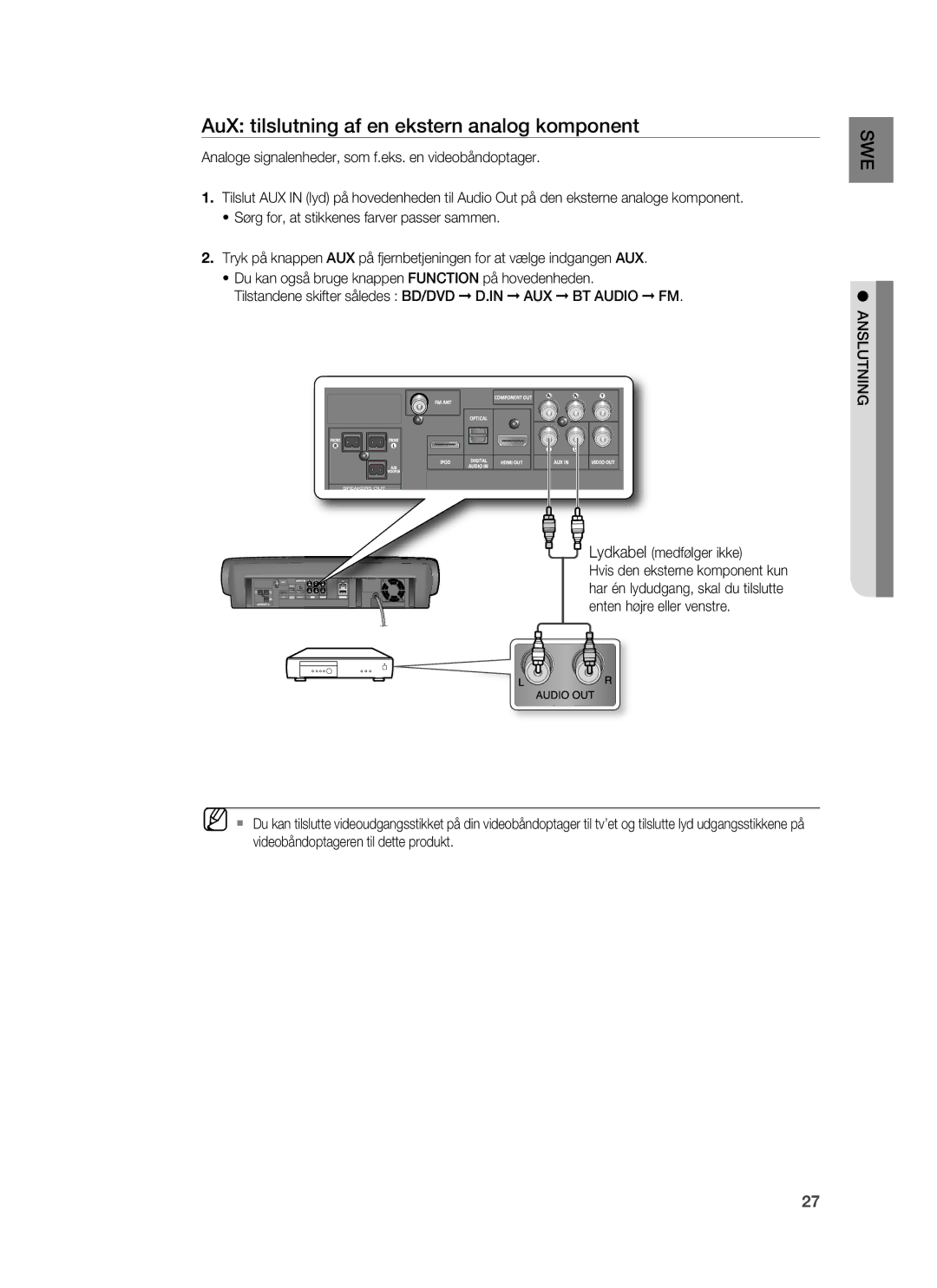 Samsung HT-BD6200R/XEE manual AuX tilslutning af en ekstern analog komponent 