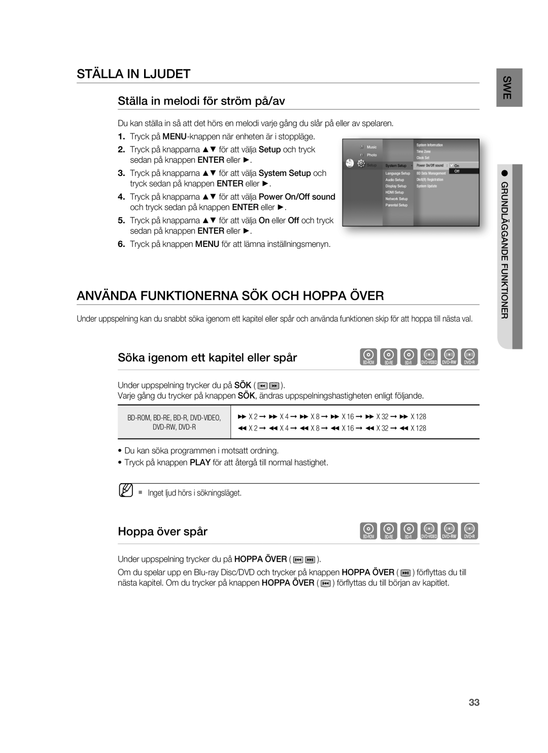 Samsung HT-BD6200R/XEE manual Ställa in Ljudet, Använda Funktionerna SÖK OCH Hoppa Över, Ställa in melodi för ström på/av 