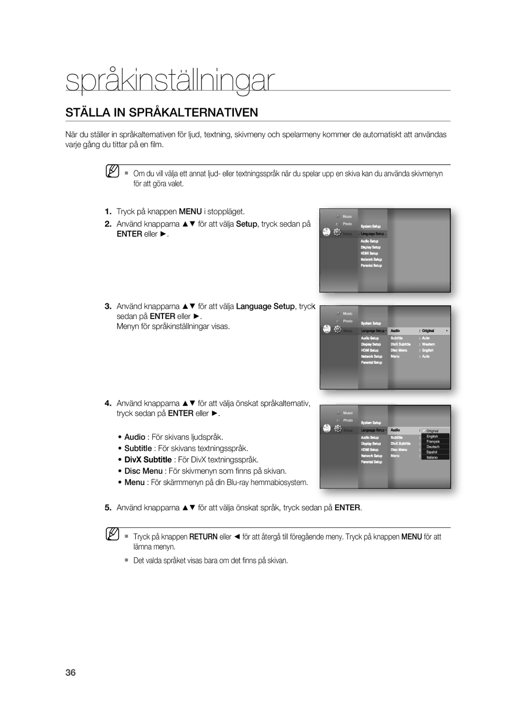 Samsung HT-BD6200R/XEE manual Språkinställningar, Ställa in Språkalternativen 