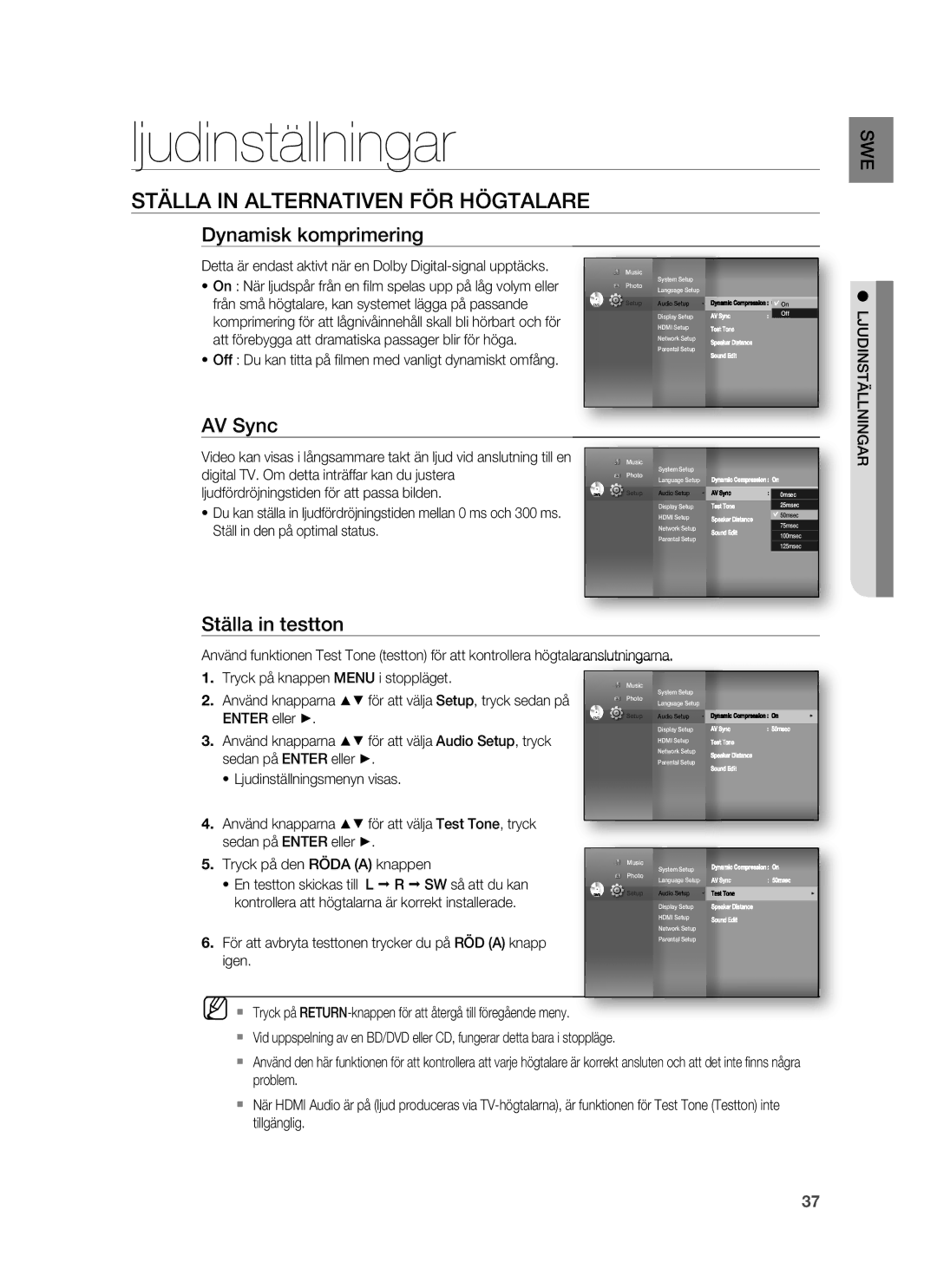 Samsung HT-BD6200R/XEE manual Ljudinställningar, Ställa in Alternativen FÖR Högtalare, Dynamisk komprimering, AV Sync 