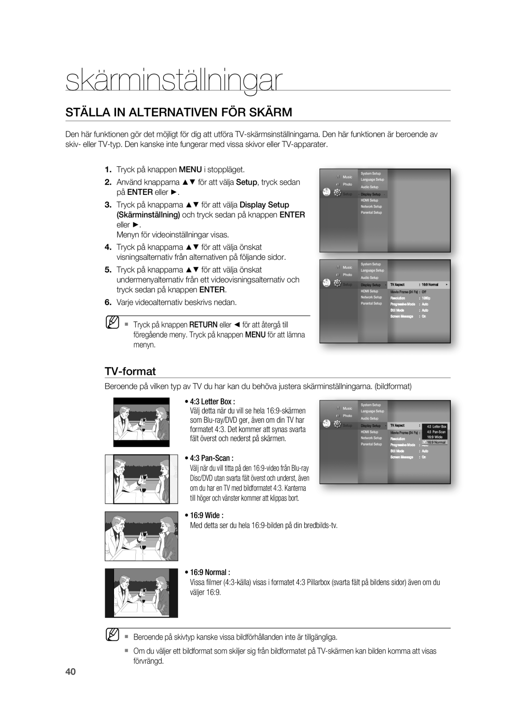 Samsung HT-BD6200R/XEE manual Skärminställningar, Ställa in Alternativen FÖR Skärm, TV-format, Letter Box, Pan-Scan 