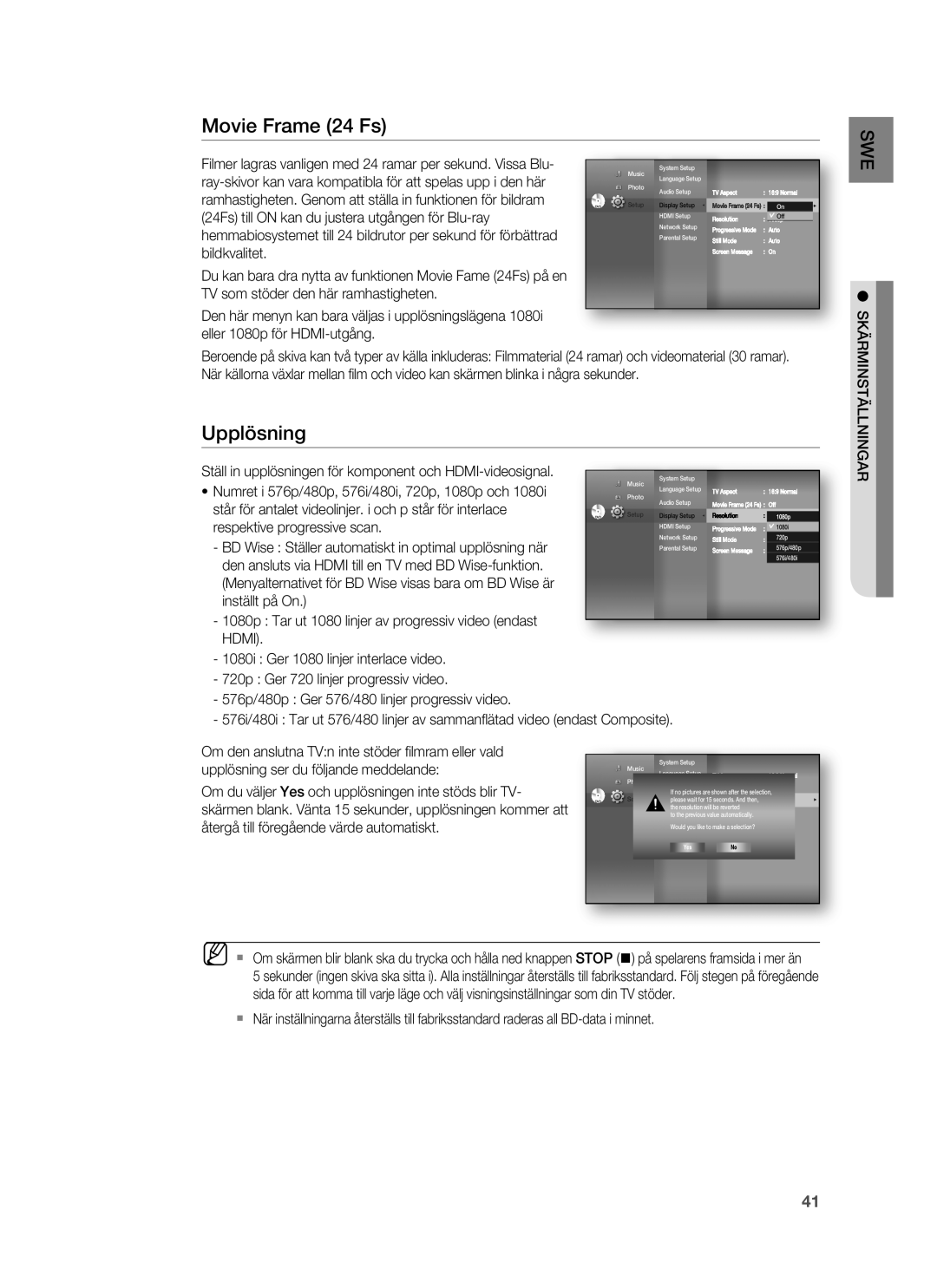 Samsung HT-BD6200R/XEE manual Movie Frame 24 Fs, Skärminställningar 