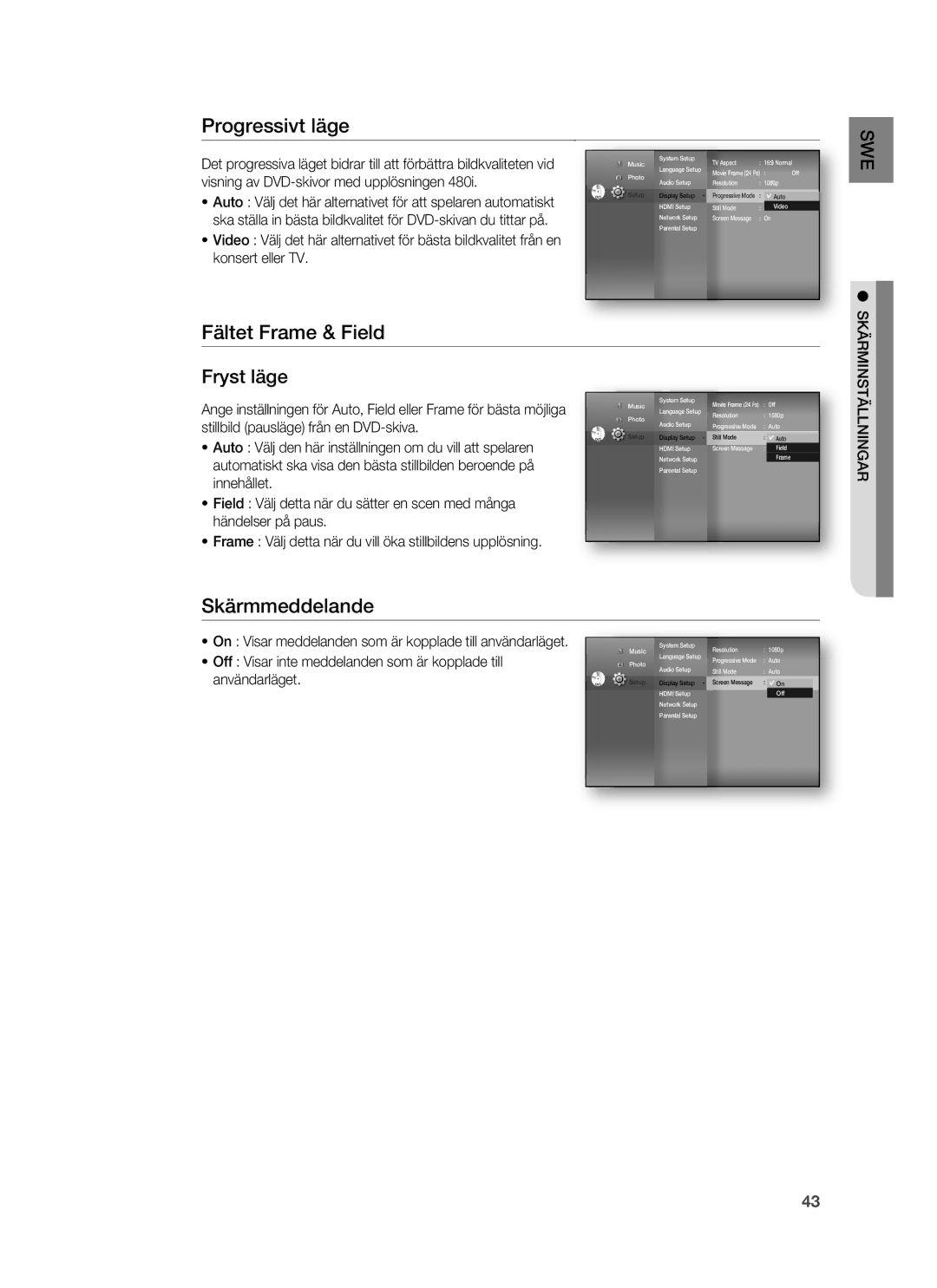 Samsung HT-BD6200R/XEE manual Progressivt läge, Fältet Frame & Field, Skärmmeddelande 