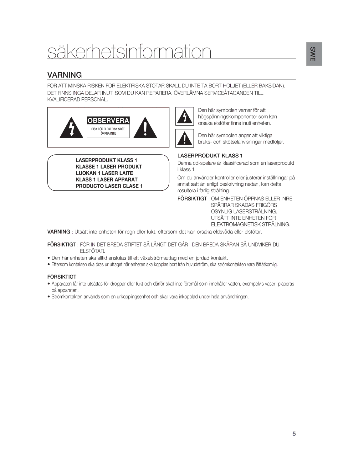 Samsung HT-BD6200R/XEE manual Säkerhetsinformation, Varning, Laserprodukt Klass, Försiktigt 