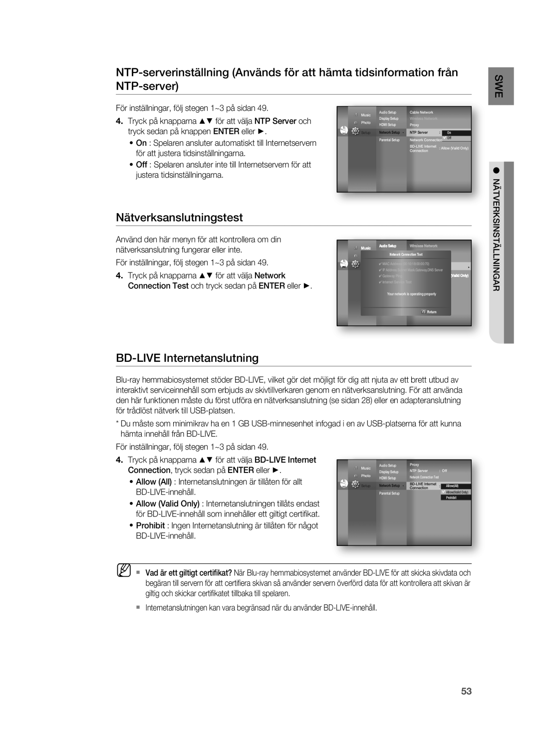 Samsung HT-BD6200R/XEE manual BD-LIVE Internetanslutning, Nätverksinställningar 