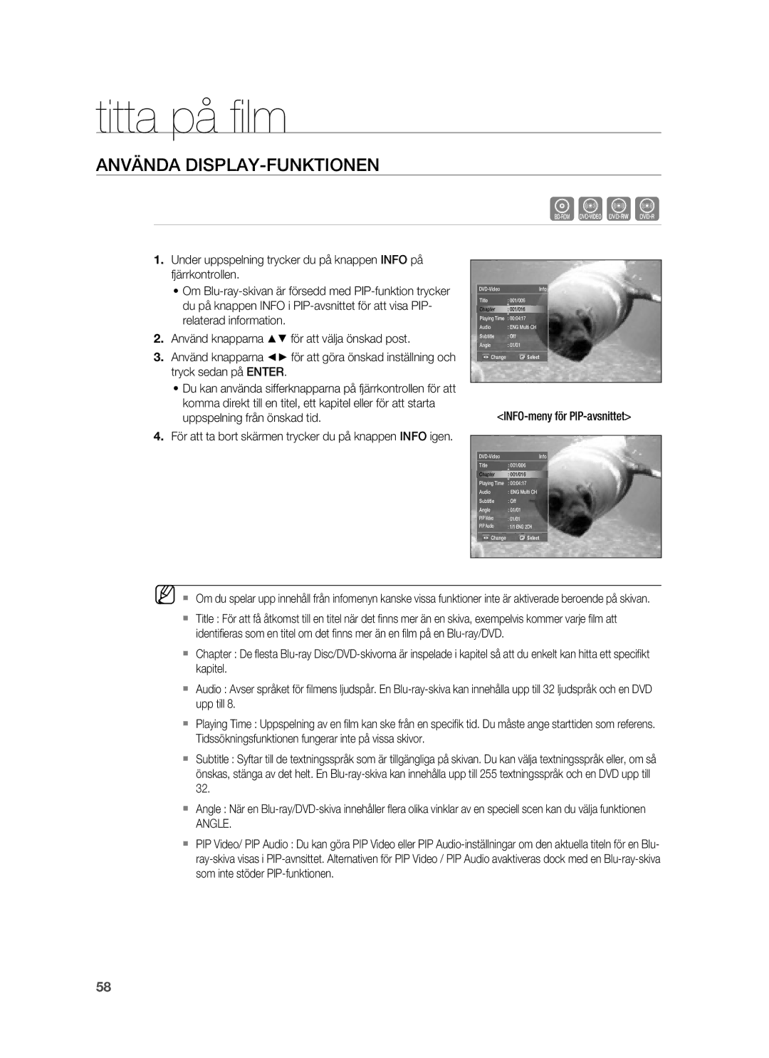 Samsung HT-BD6200R/XEE manual Titta på ﬁ lm, Använda DISPLAY-FUNKTIONEN, INFO-meny för PIP-avsnittet, Angle 