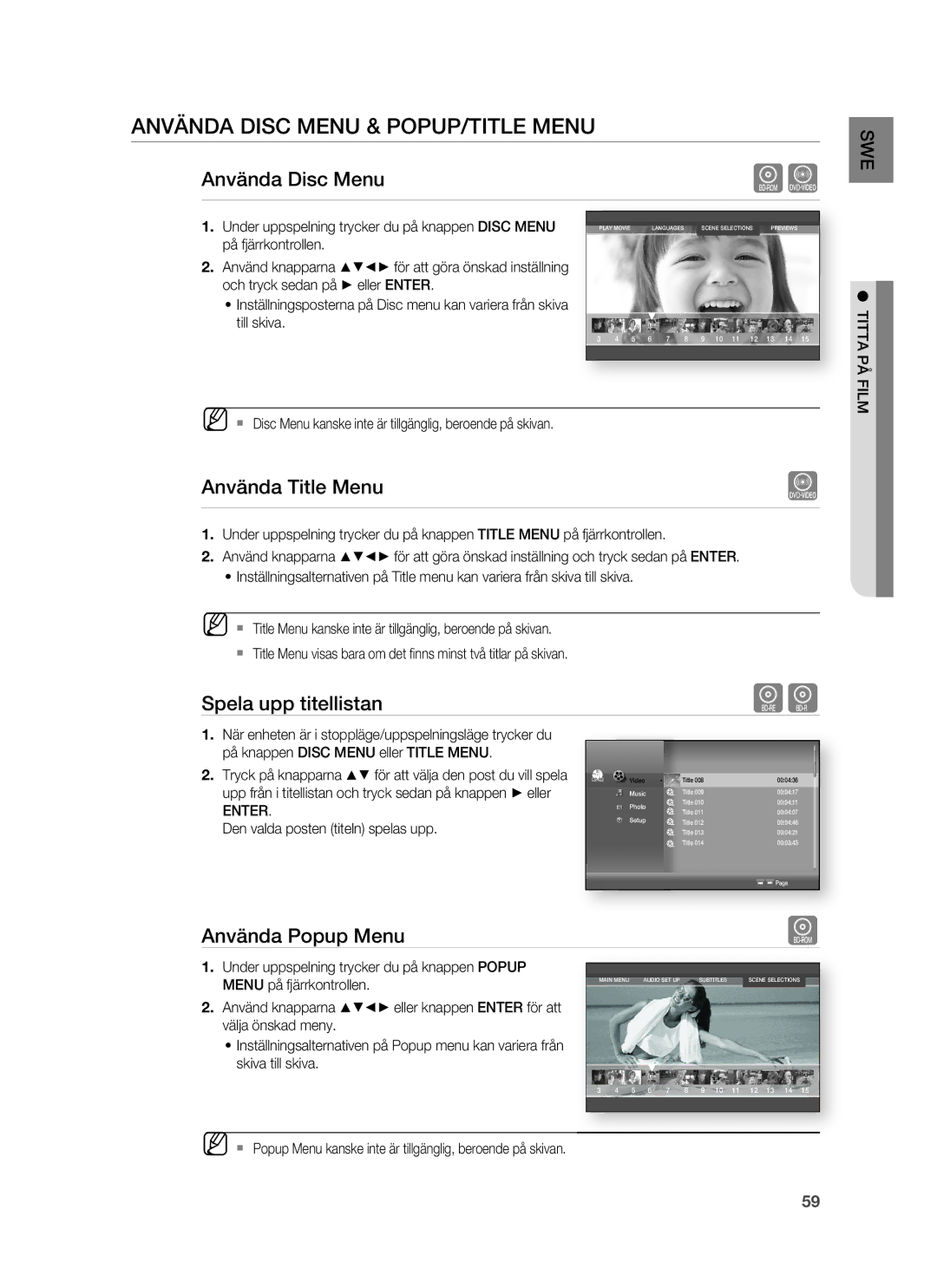 Samsung HT-BD6200R/XEE manual Använda Disc Menu & POPUP/TITLE Menu, Använda Title Menu, Titta PÅ Film 