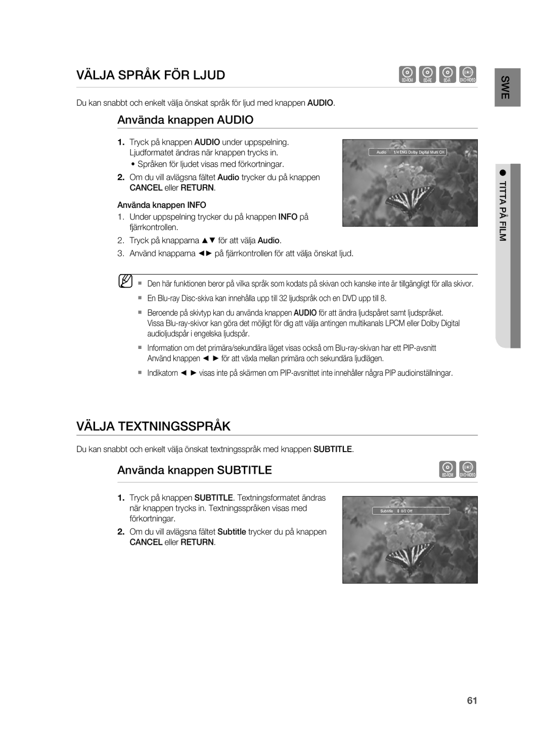 Samsung HT-BD6200R/XEE manual Välja Språk FÖR Ljud, Välja Textningsspråk, Använda knappen Audio, Använda knappen Subtitle 