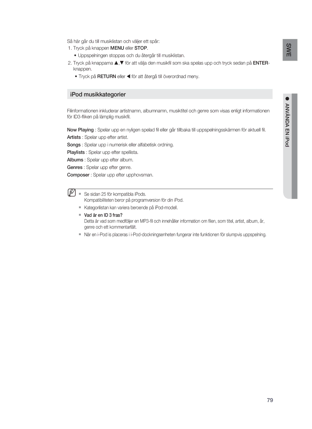 Samsung HT-BD6200R/XEE manual IPod musikkategorier, Använda EN iPod 