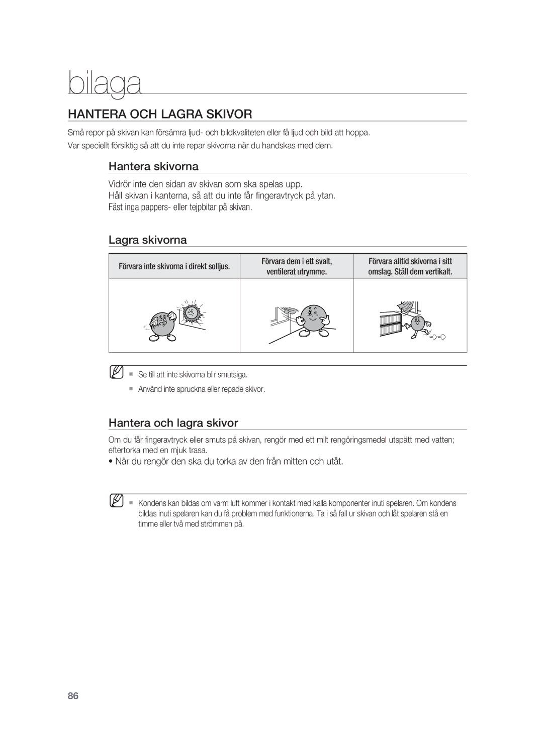 Samsung HT-BD6200R/XEE manual Bilaga, Hantera OCH Lagra Skivor, Hantera skivorna, Lagra skivorna, Hantera och lagra skivor 