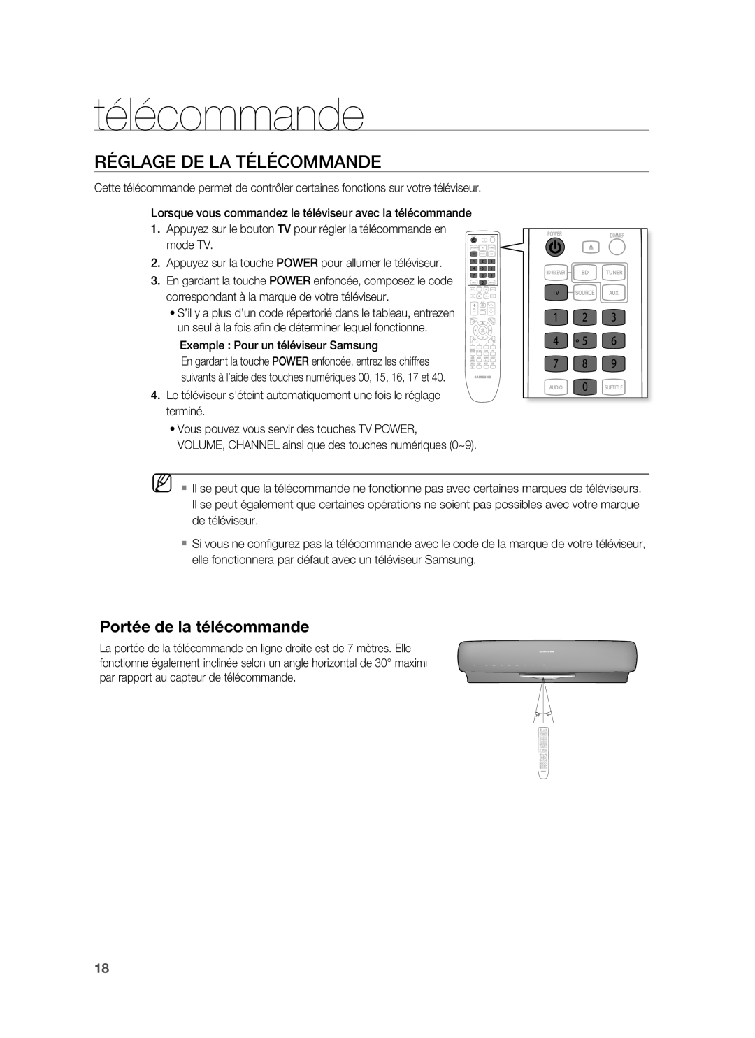 Samsung HT-BD6200R/XEF manual Réglage DE LA Télécommande, Exemple Pour un téléviseur Samsung 