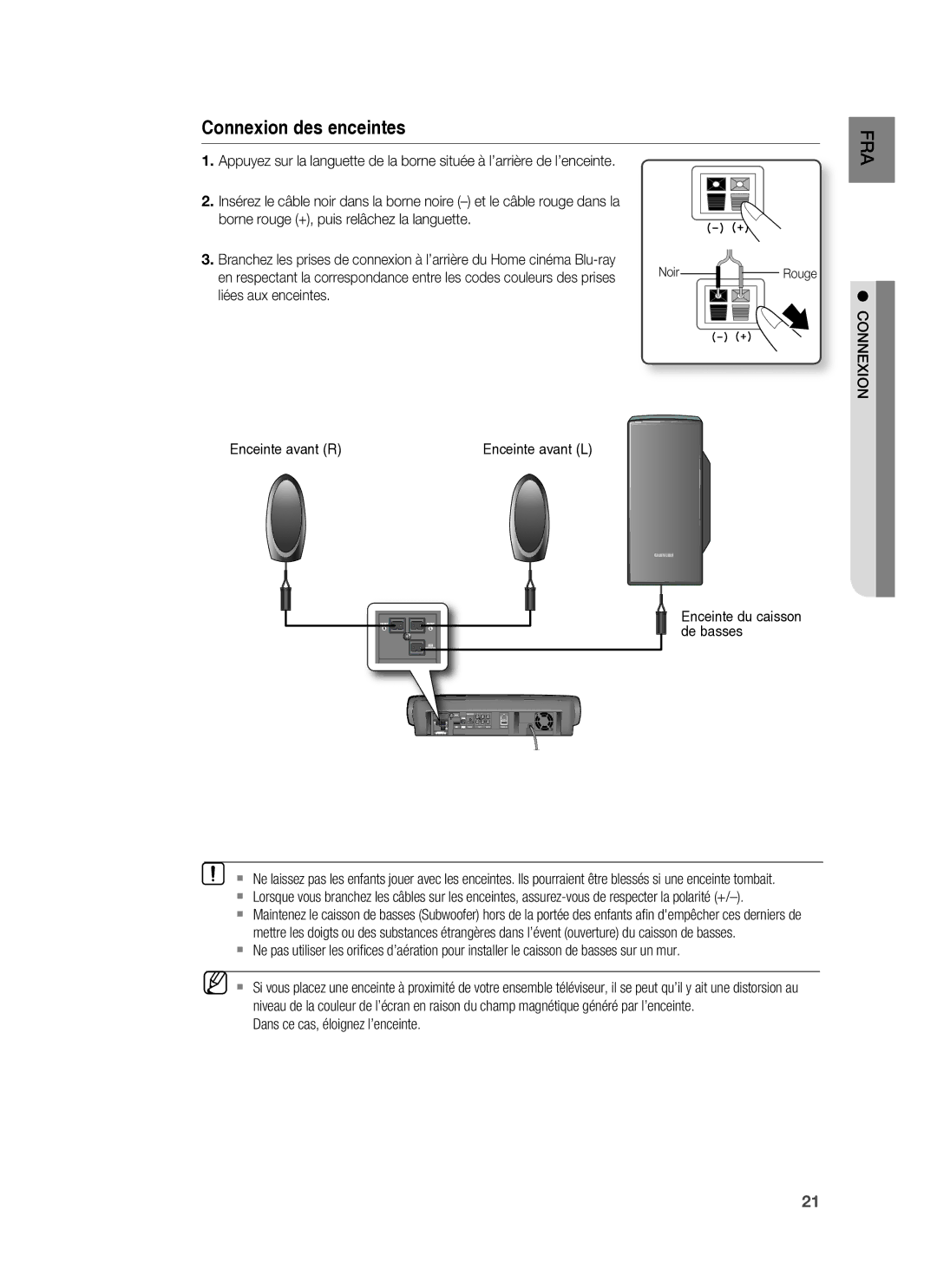 Samsung HT-BD6200R/XEF manual Liées aux enceintes Enceinte avant R, Connexion, Dans ce cas, éloignez l’enceinte 