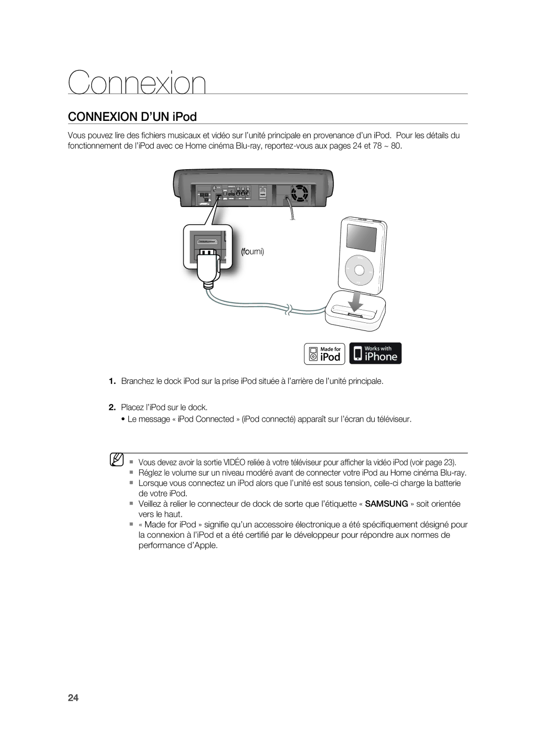 Samsung HT-BD6200R/XEF manual Connexion D’UN iPod 