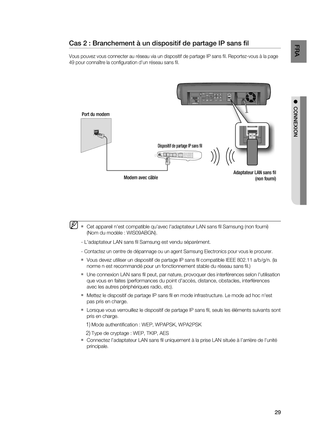 Samsung HT-BD6200R/XEF manual Cas 2 Branchement à un dispositif de partage IP sans ﬁl, Port du modem, Non fourni 