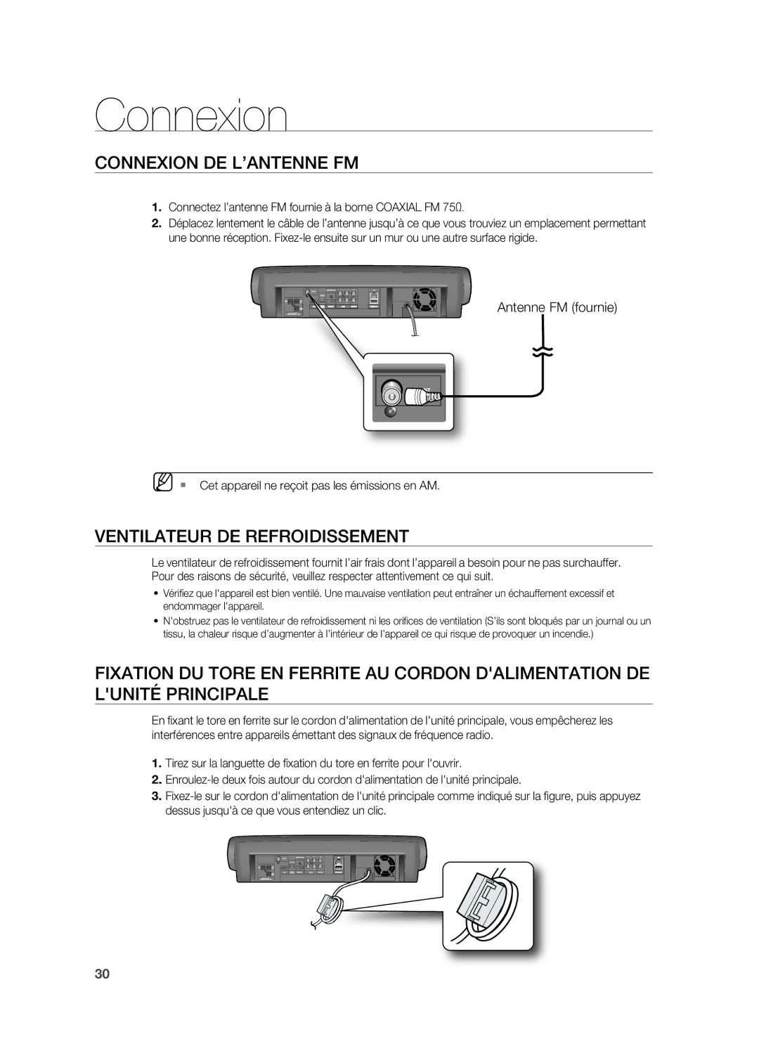 Samsung HT-BD6200R/XEF manual Connexion DE L’ANTENNE FM, Ventilateur DE Refroidissement, Antenne FM fournie 