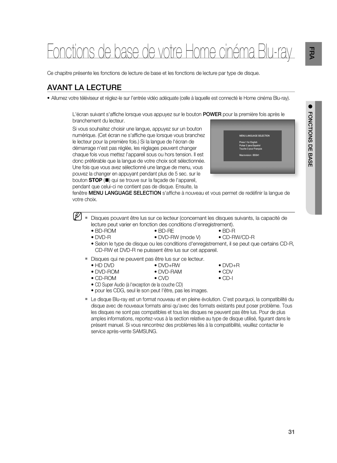 Samsung HT-BD6200R/XEF manual Avant LA Lecture, BD-RE DVD-R DVD-RW mode, Hd Dvd Dvd+Rw Dvd-Rom Dvd-Ram Cdv Cd-Rom Cvd, Cd-I 