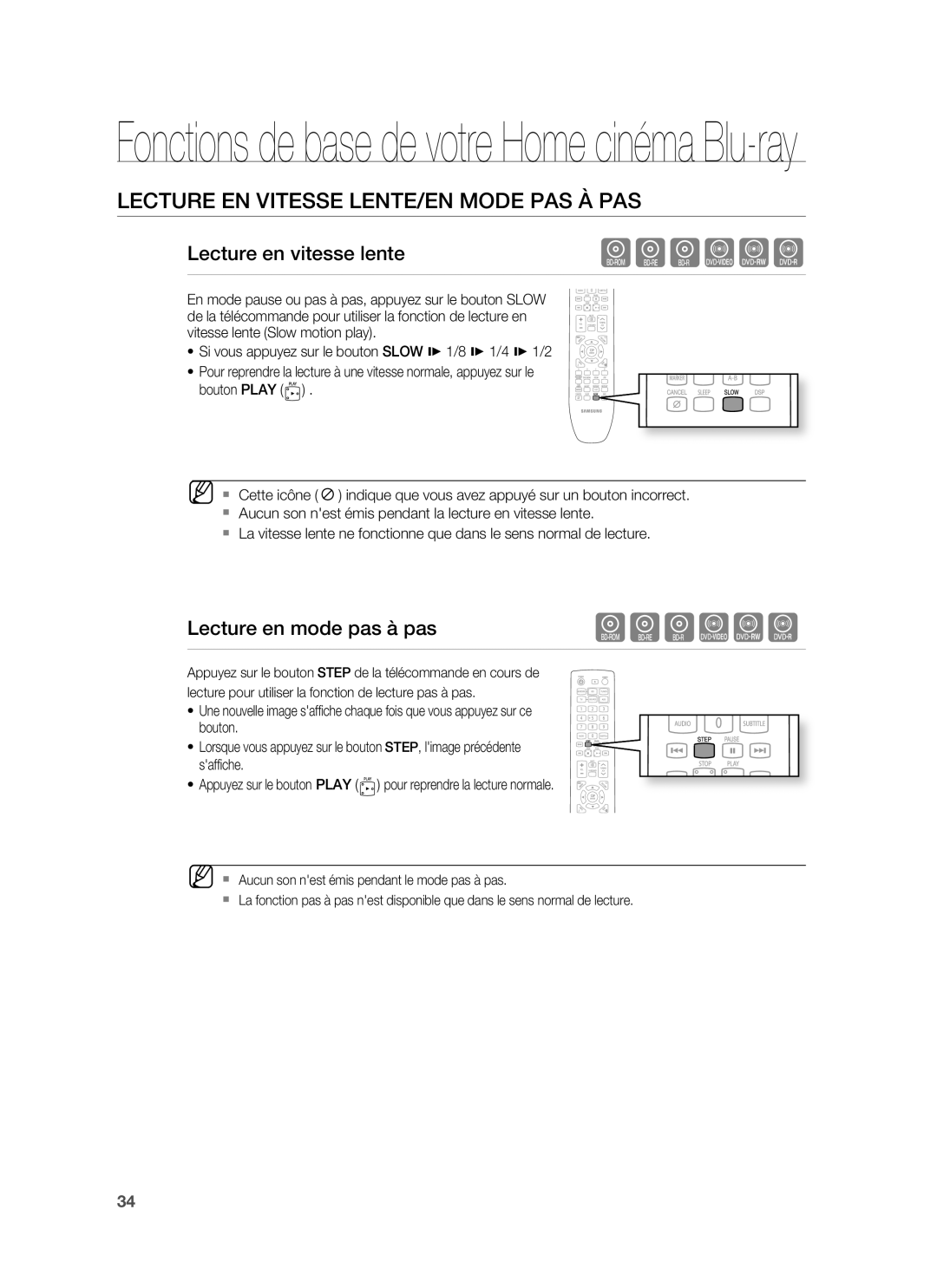 Samsung HT-BD6200R/XEF Lecture EN Vitesse LENTE/EN Mode PAS À PAS, Lecture en vitesse lente, Lecture en mode pas à pas 