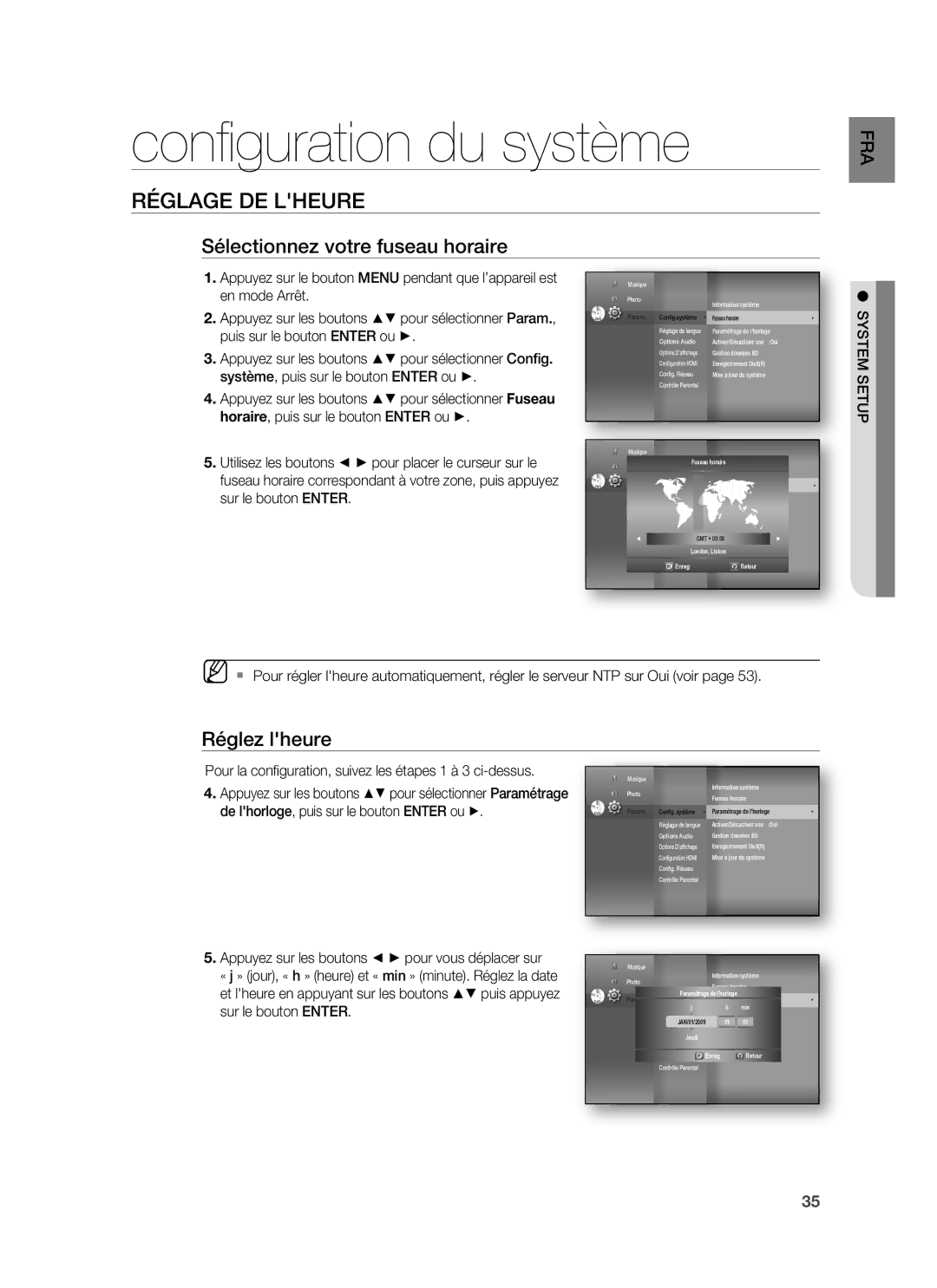 Samsung HT-BD6200R/XEF manual Conﬁguration du système, Réglage DE Lheure, Sélectionnez votre fuseau horaire, Réglez lheure 