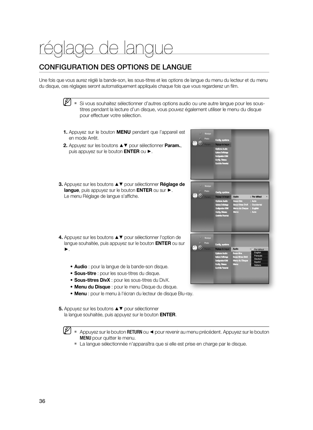 Samsung HT-BD6200R/XEF manual Configuration DES Options DE Langue, Le menu Réglage de langue safﬁche 