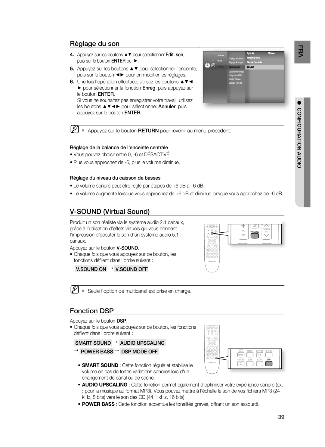 Samsung HT-BD6200R/XEF manual Sound Virtual Sound, Fonction DSP, Sound on V.SOUND OFF, Configuration Audio 