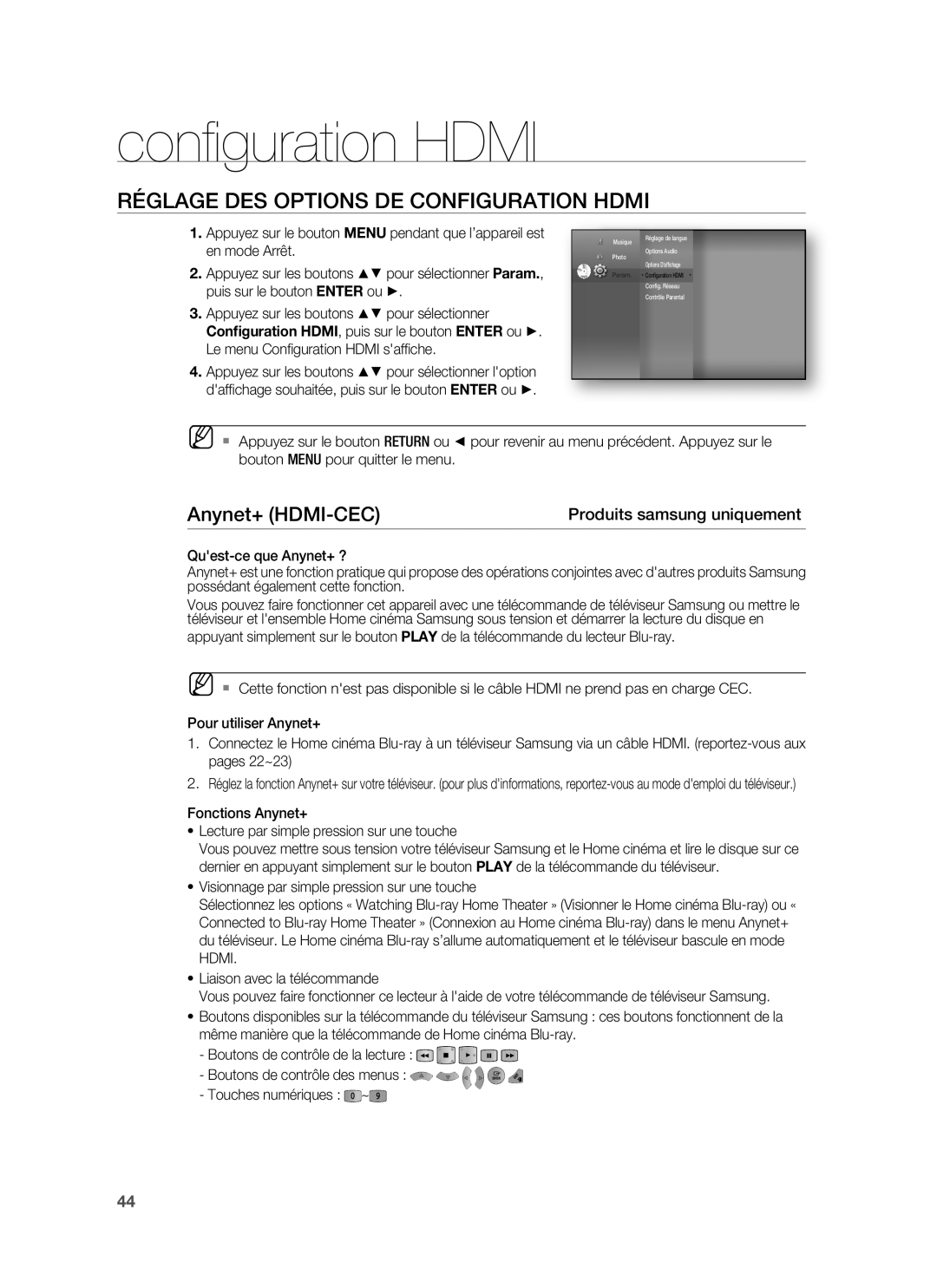 Samsung HT-BD6200R/XEF manual Conﬁguration Hdmi, Réglage DES Options DE Configuration Hdmi, Anynet+ HDMI-CEC 