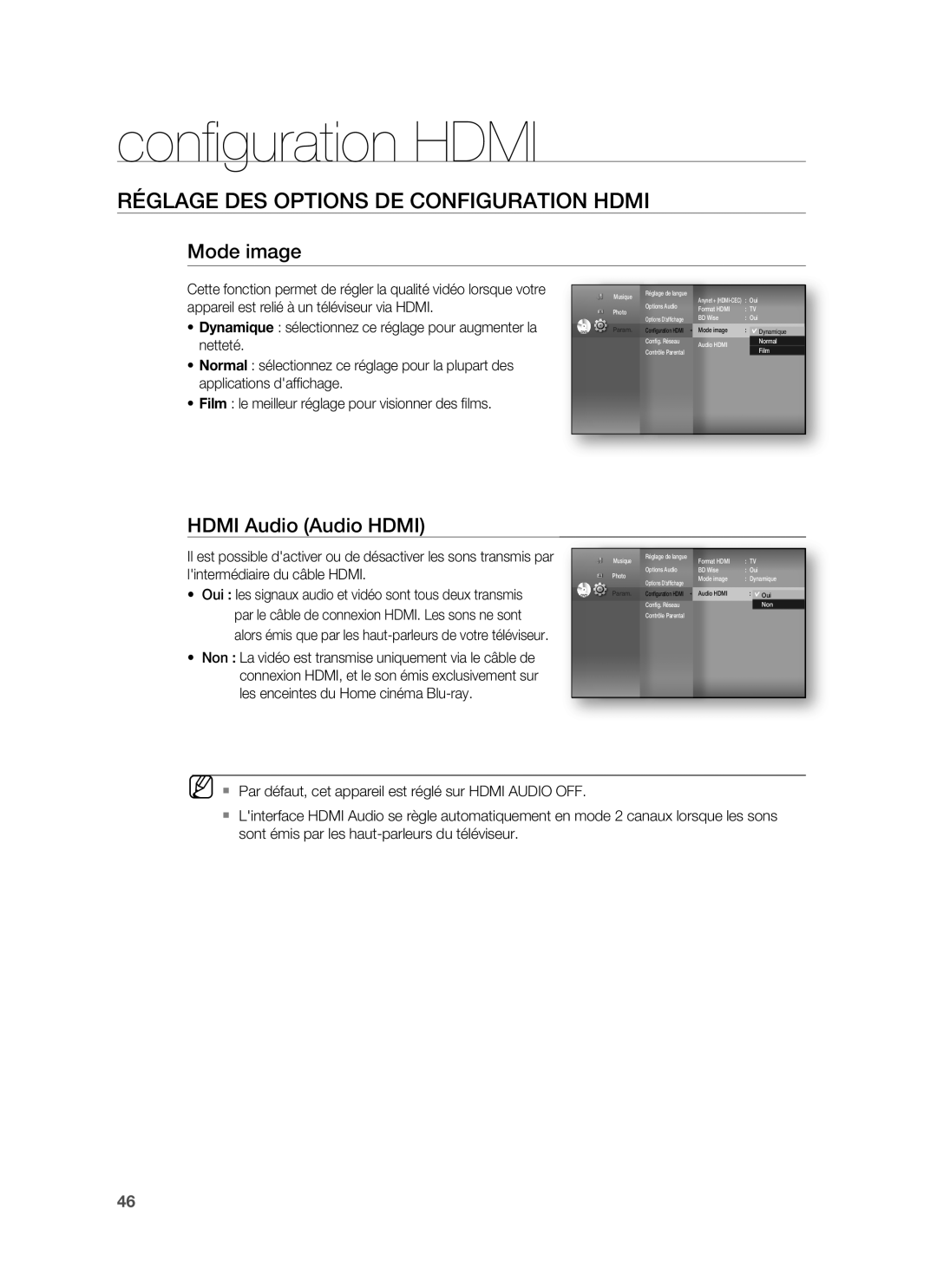 Samsung HT-BD6200R/XEF manual Mode image, Hdmi Audio Audio Hdmi, Lintermédiaire du câble Hdmi 