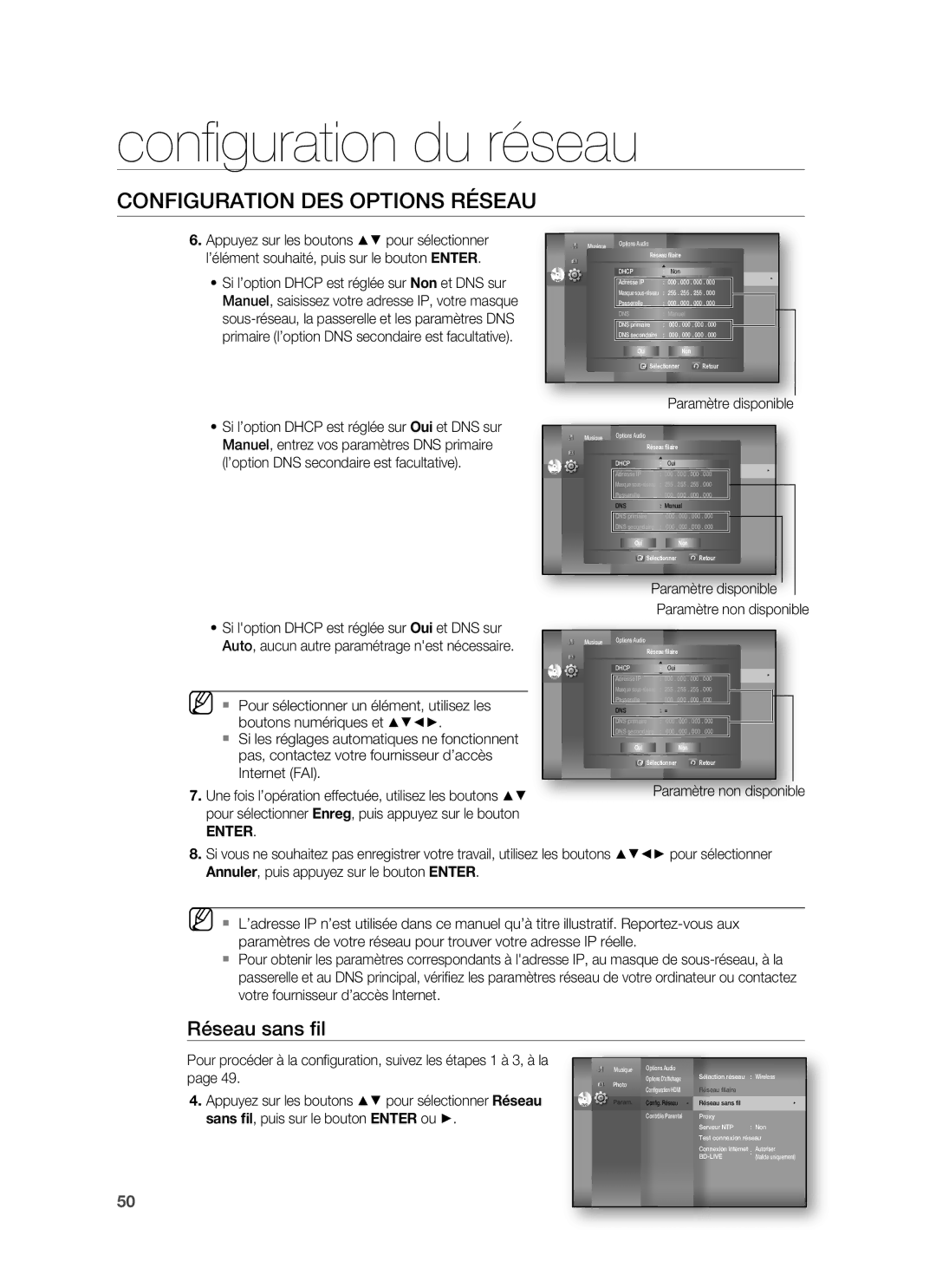 Samsung HT-BD6200R/XEF manual Réseau sans ﬁl, Paramètre disponible Paramètre non disponible 