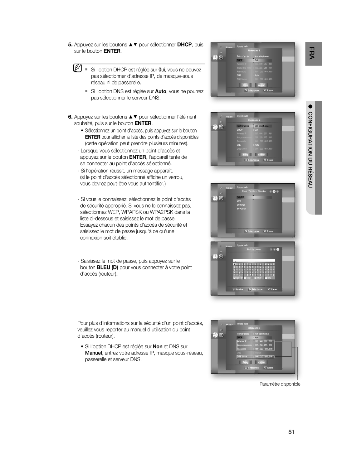 Samsung HT-BD6200R/XEF manual Réseau ni de passerelle, Pas sélectionner le serveur DNS, Souhaité, puis sur le bouton Enter 