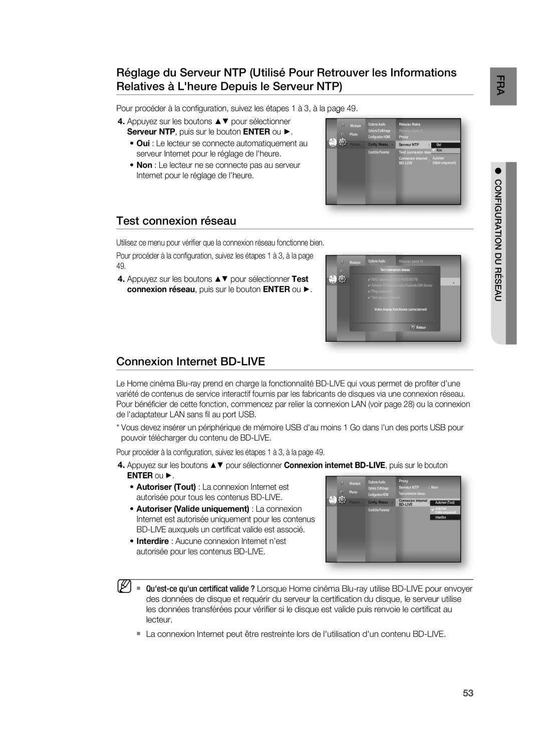 Samsung HT-BD6200R/XEF manual Test connexion réseau, Connexion Internet BD-LIVE, Appuyez sur les boutons pour sélectionner 