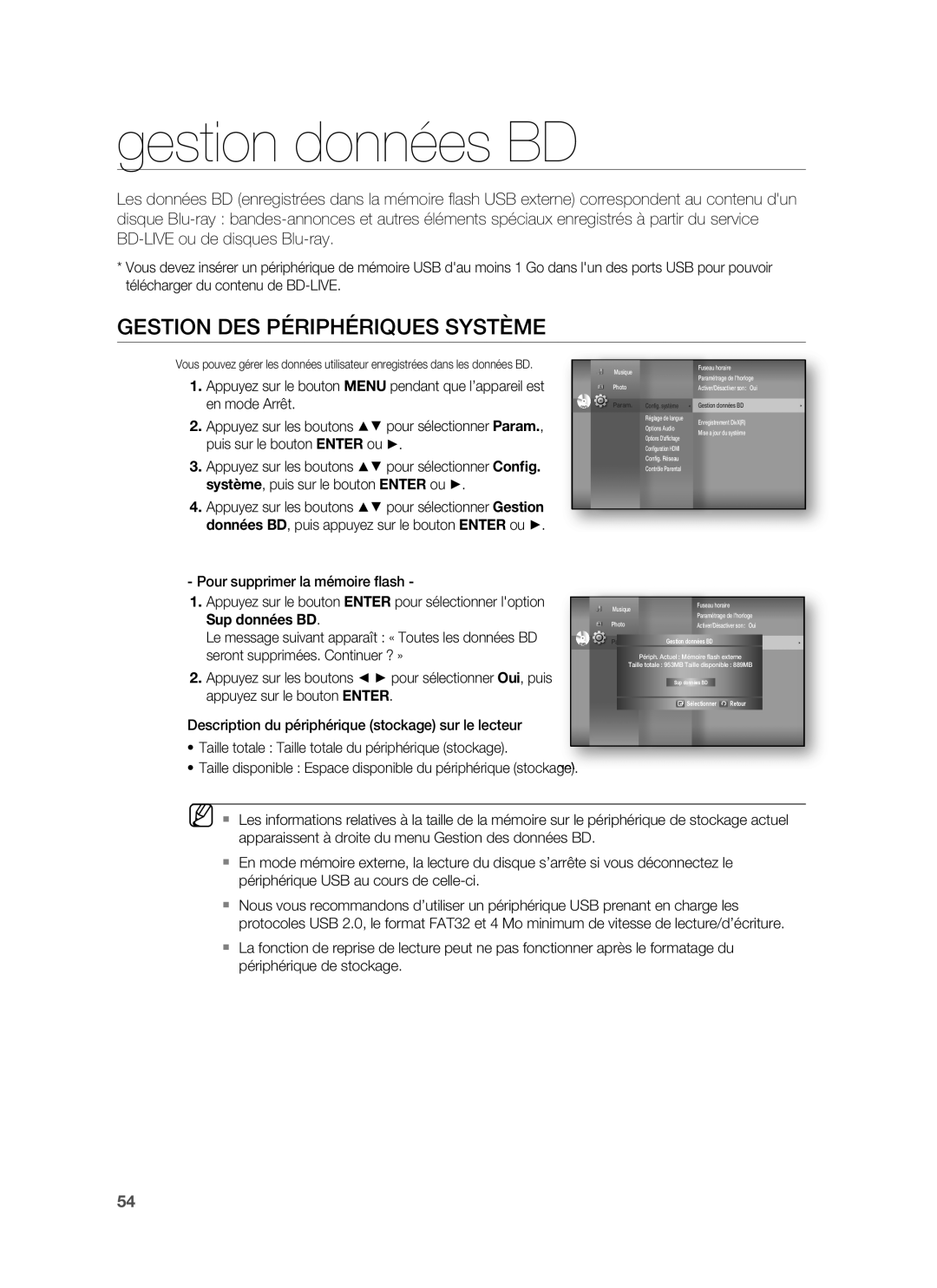 Samsung HT-BD6200R/XEF manual Gestion données BD, Gestion DES Périphériques Système, Pour supprimer la mémoire ﬂash 