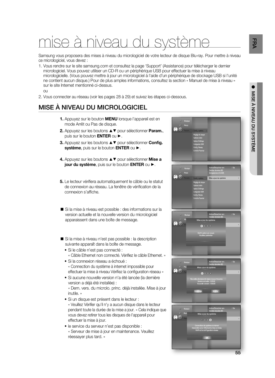 Samsung HT-BD6200R/XEF Mise à niveau du système, Mise À Niveau DU Micrologiciel, Si le câble nest pas connecté, DU Système 