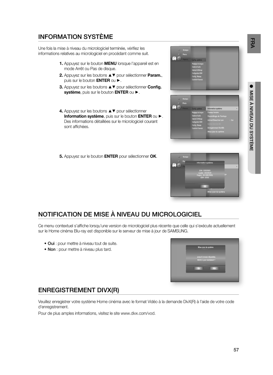 Samsung HT-BD6200R/XEF Information Système, Notification DE Mise À Niveau DU Micrologiciel, Enregistrement Divxr, Fra 