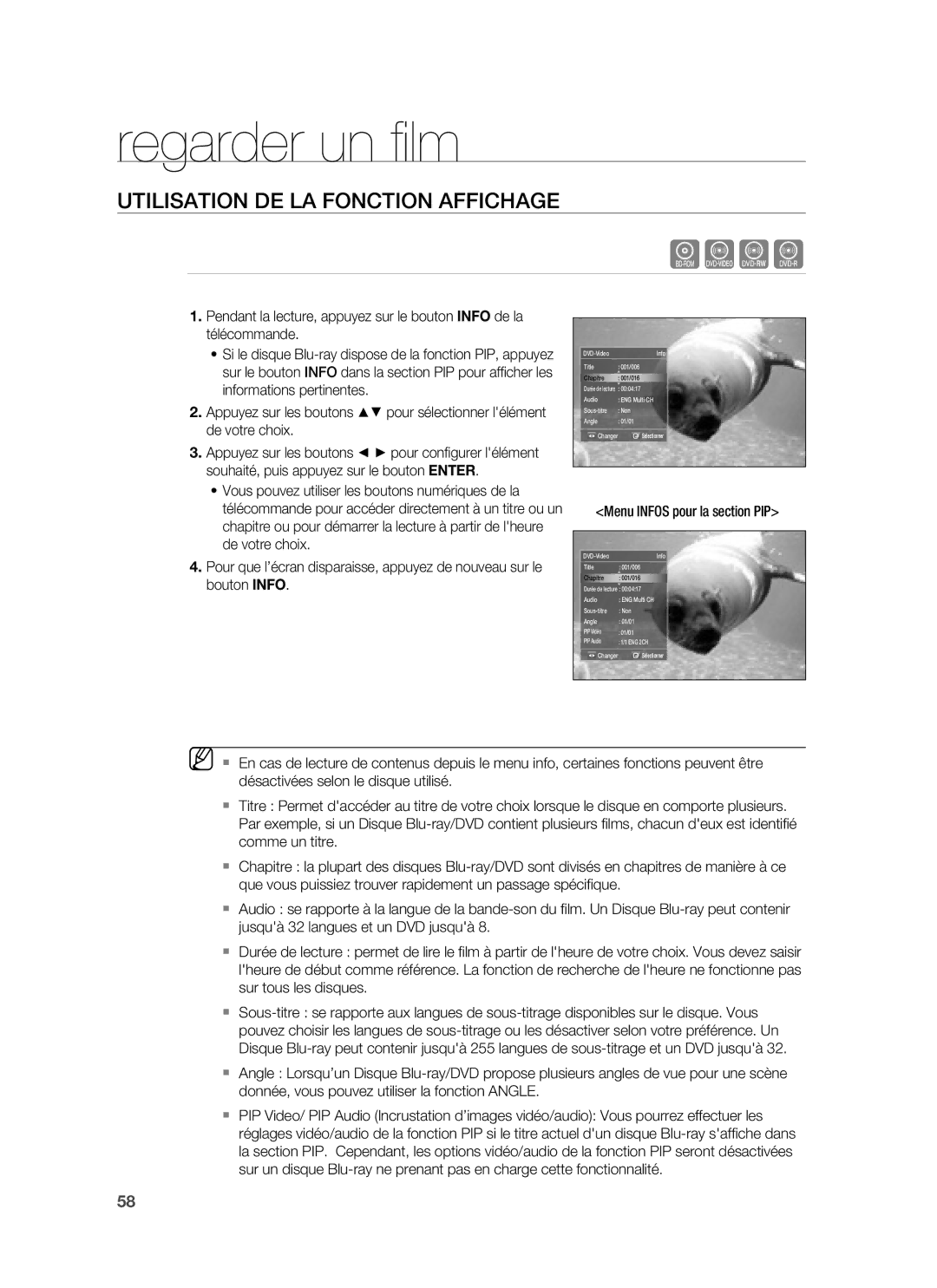 Samsung HT-BD6200R/XEF manual Regarder un ﬁ lm, Utilisation DE LA Fonction Affichage, Menu Infos pour la section PIP 