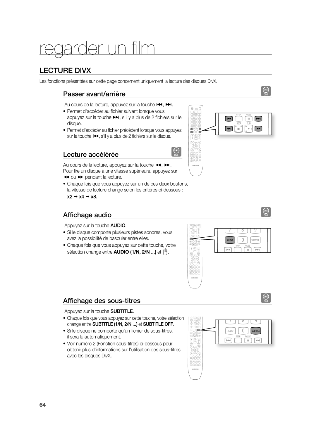 Samsung HT-BD6200R/XEF Lecture Divx, Passer avant/arrière, Lecture accélérée, Afﬁchage audio, Afﬁchage des sous-titres 