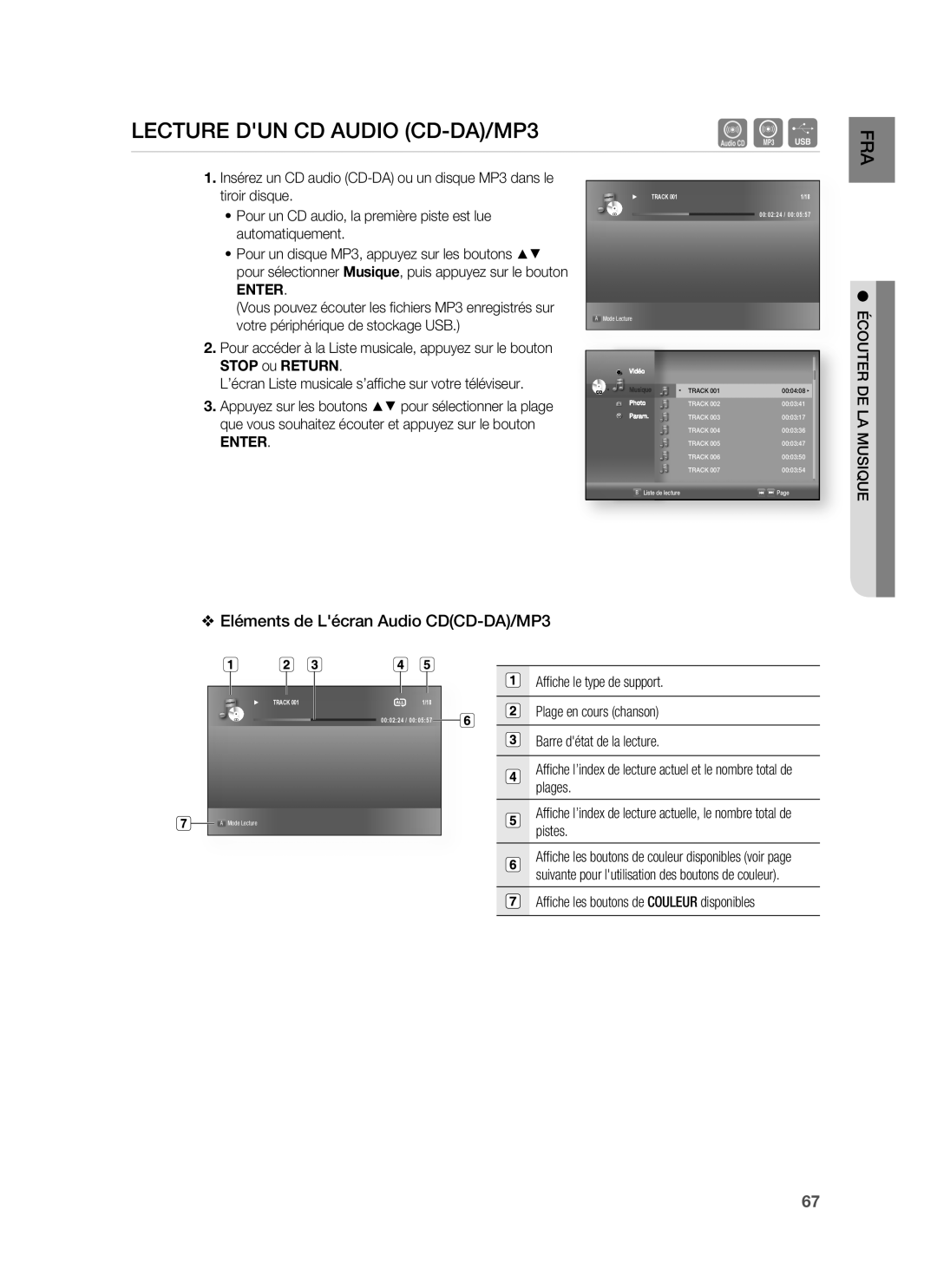 Samsung HT-BD6200R/XEF manual Lecture DUN CD Audio CD-DA/MP3, Eléments de Lécran Audio CDCD-DA/MP3 