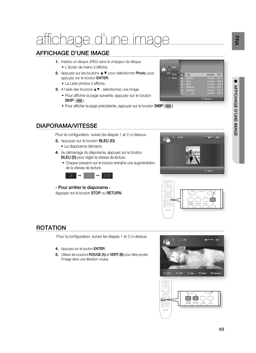 Samsung HT-BD6200R/XEF Afﬁ chage dune image, Affichage Dune Image, Diaporama/Vitesse, Rotation, Pour arrêter le diaporama 